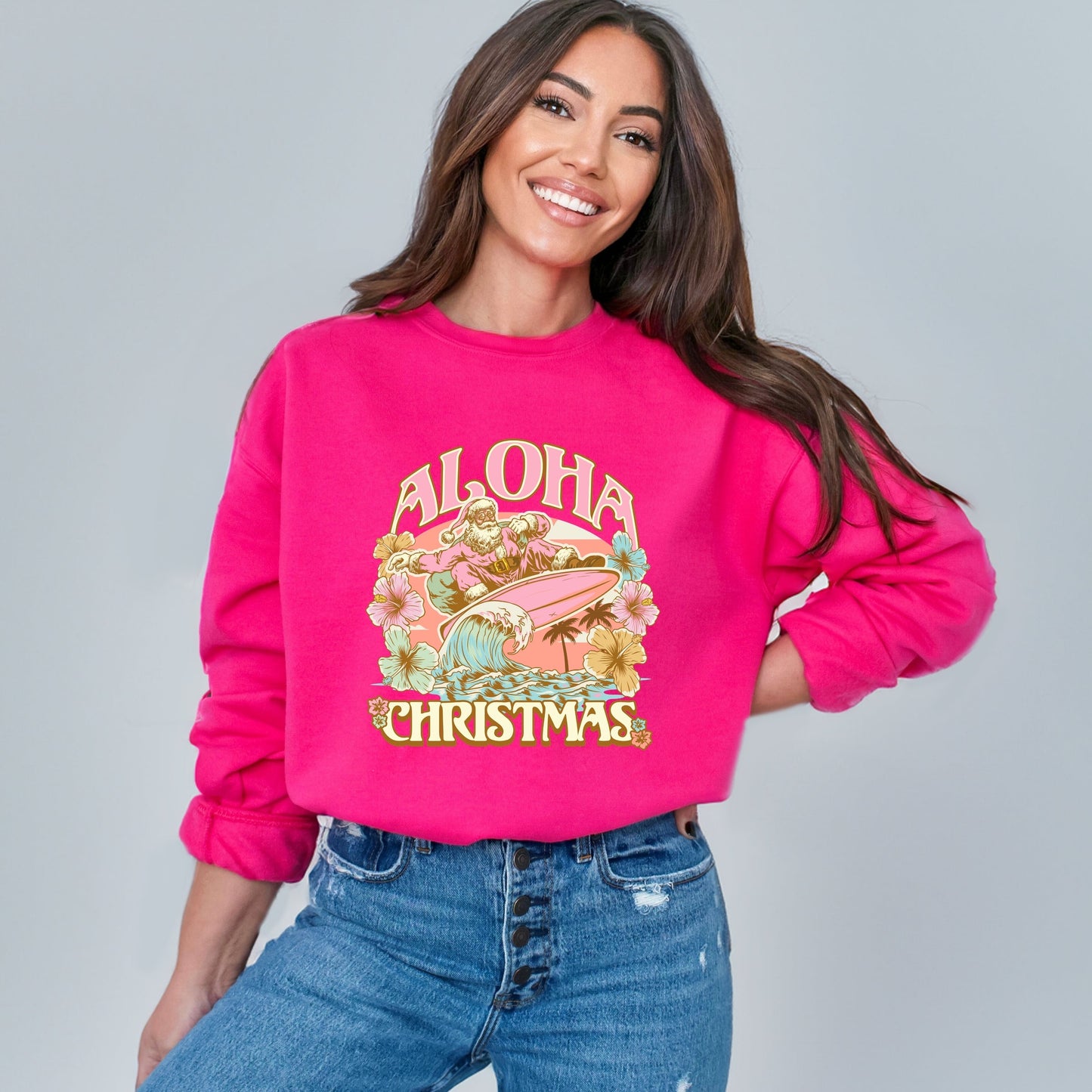 Aloha Christmas Surfing Santa - Women's Graphic Sweatshirt