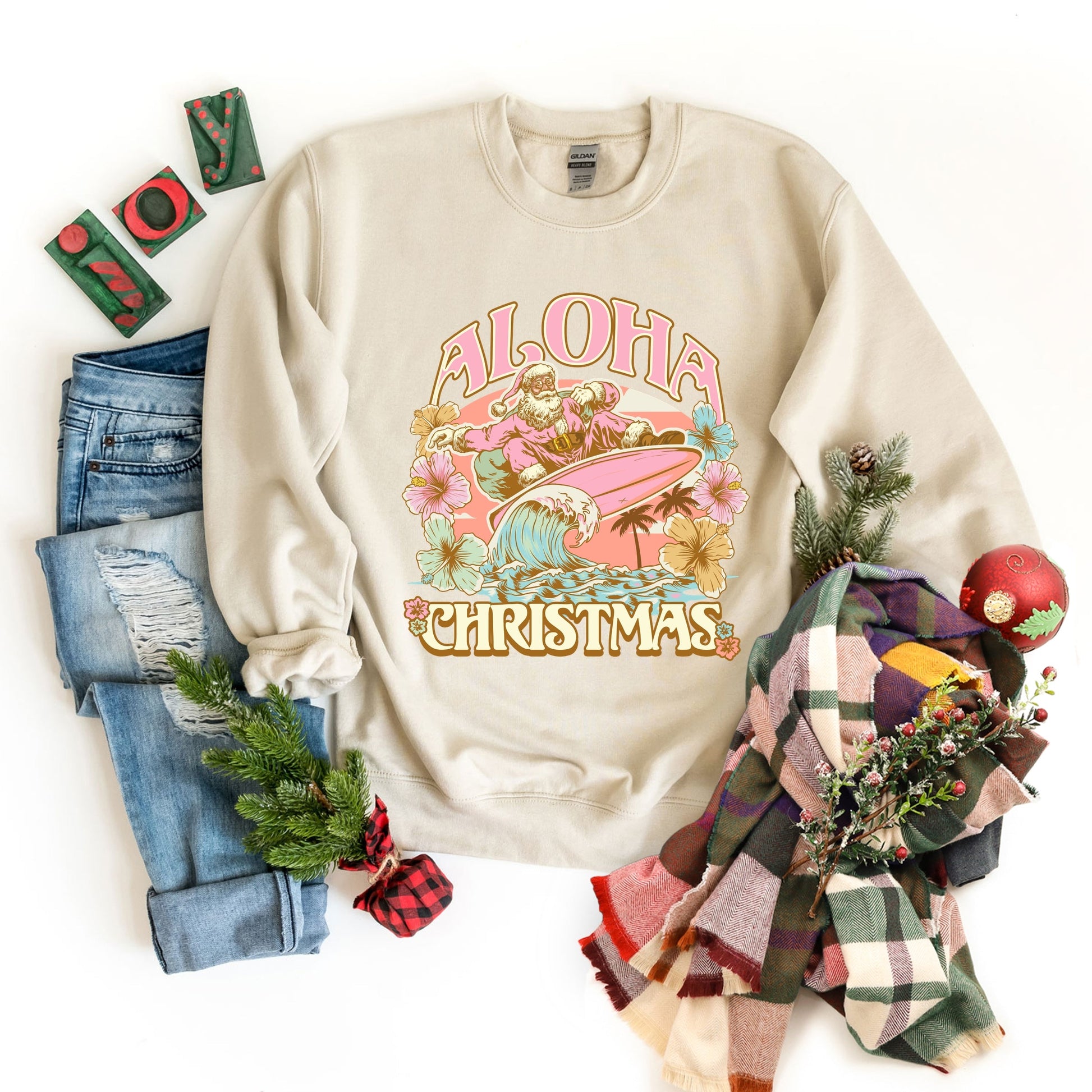 Aloha Christmas Surfing Santa - Women's Graphic Sweatshirt