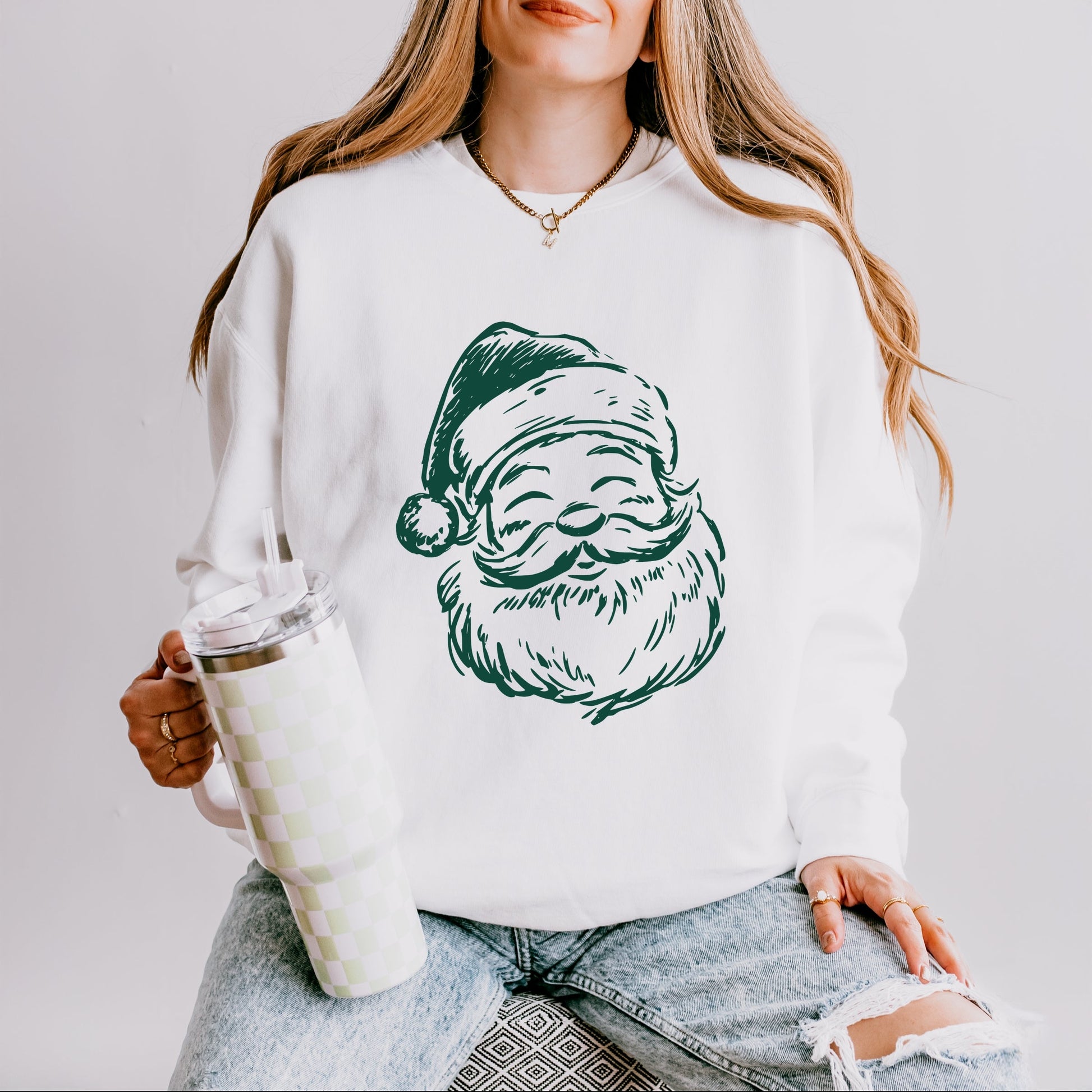 Santa Outline Green - Women's Lightweight Garment Dyed Sweatshirt