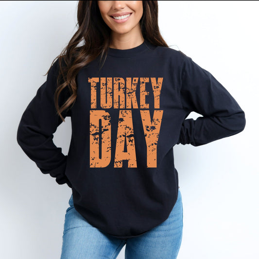 Turkey Day Block Distressed - Women's Garment Dyed Long Sleeve Graphic T-Shirt