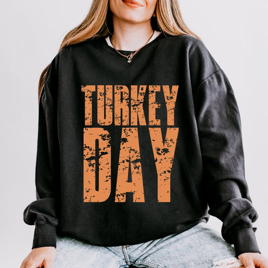 Turkey Day Block Distressed - Women's Lightweight Garment Dyed Sweatshirt