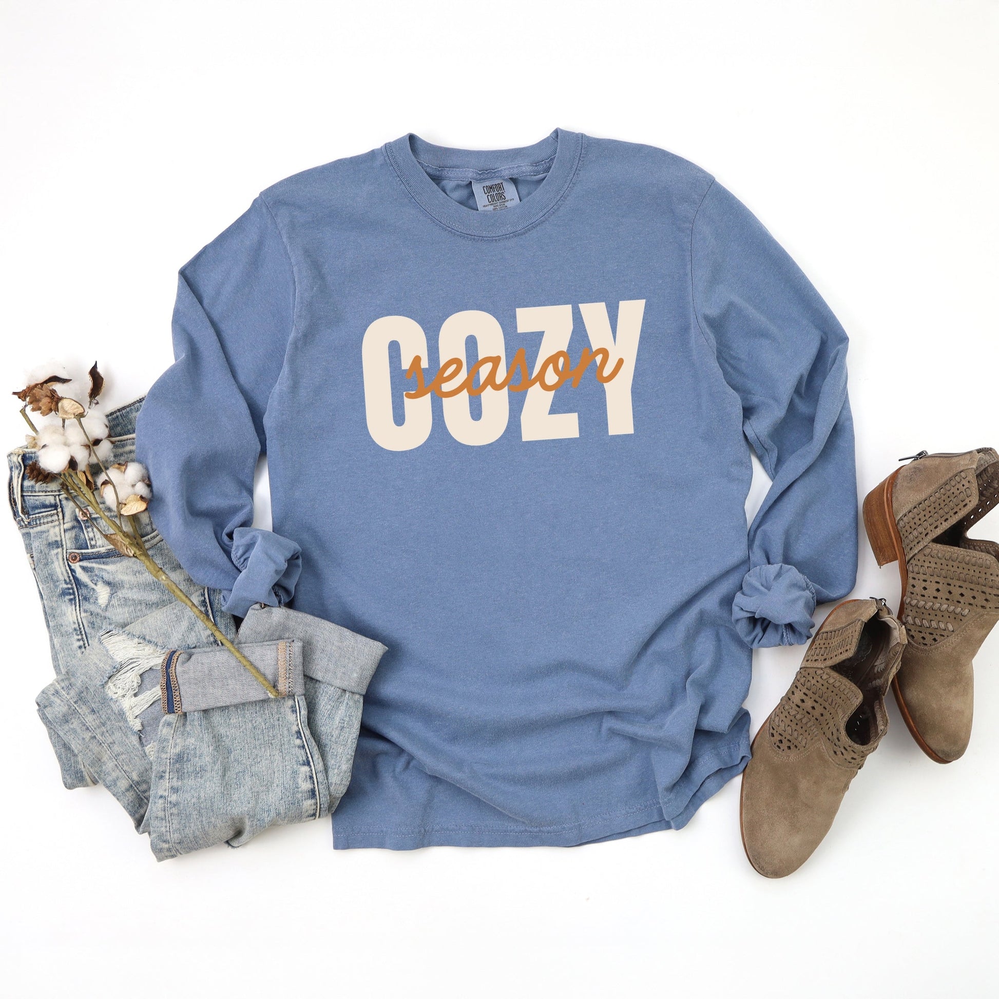 Cozy Season Layered Cursive - Women's Garment Dyed Long Sleeve Graphic T-Shirt