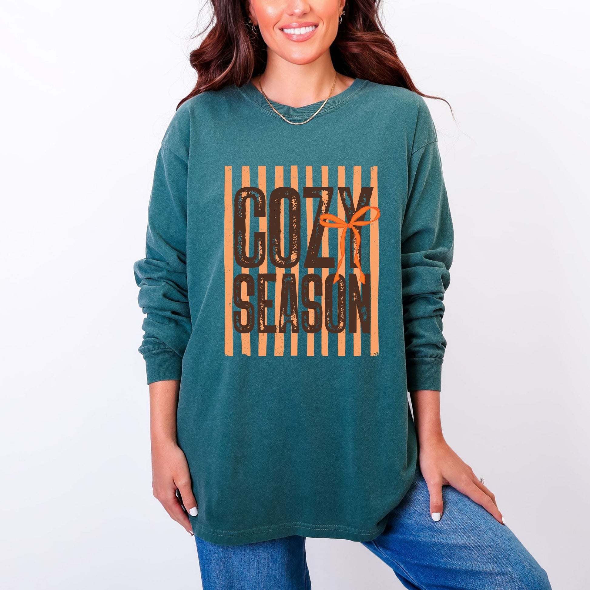 Cozy Season Coquette Stripes - Women's Garment Dyed Long Sleeve Graphic T-Shirt