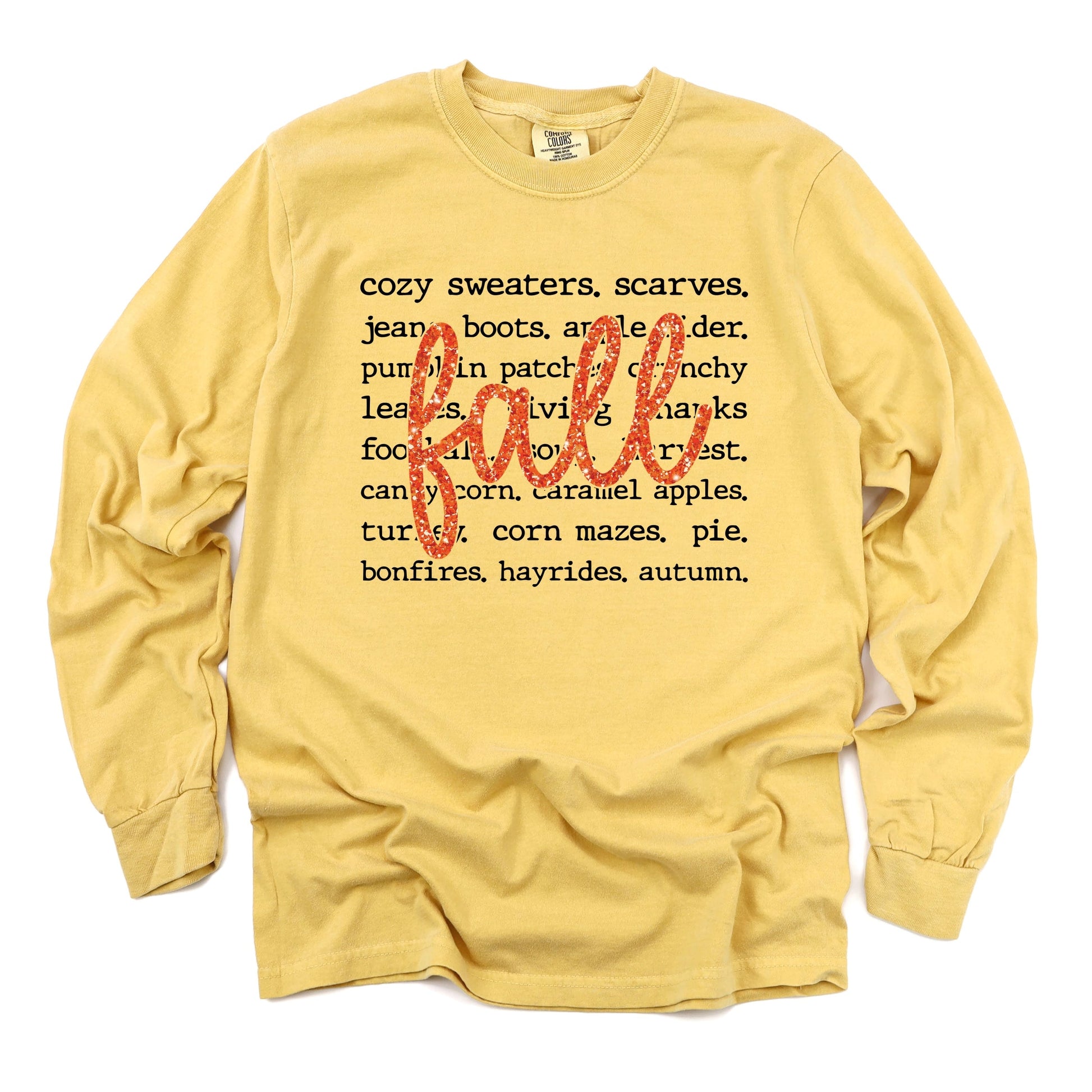Fall Cursive Text Glitter - Women's Garment Dyed Long Sleeve Graphic T-Shirt