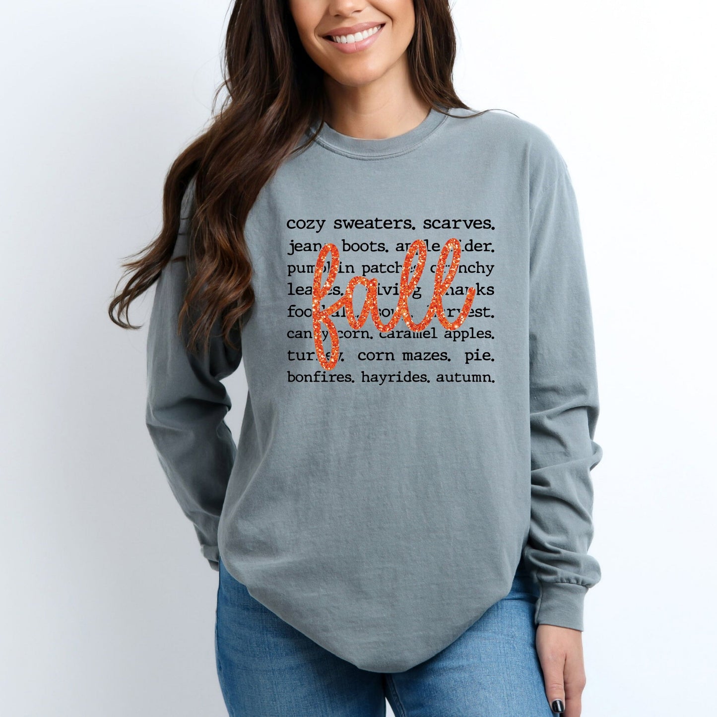 Fall Cursive Text Glitter - Women's Garment Dyed Long Sleeve Graphic T-Shirt