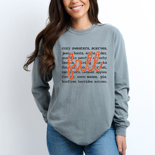 Fall Cursive Text Glitter - Women's Garment Dyed Long Sleeve Graphic T-Shirt
