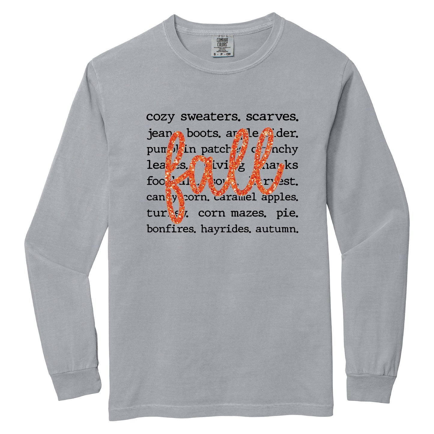 Fall Cursive Text Glitter - Women's Garment Dyed Long Sleeve Graphic T-Shirt