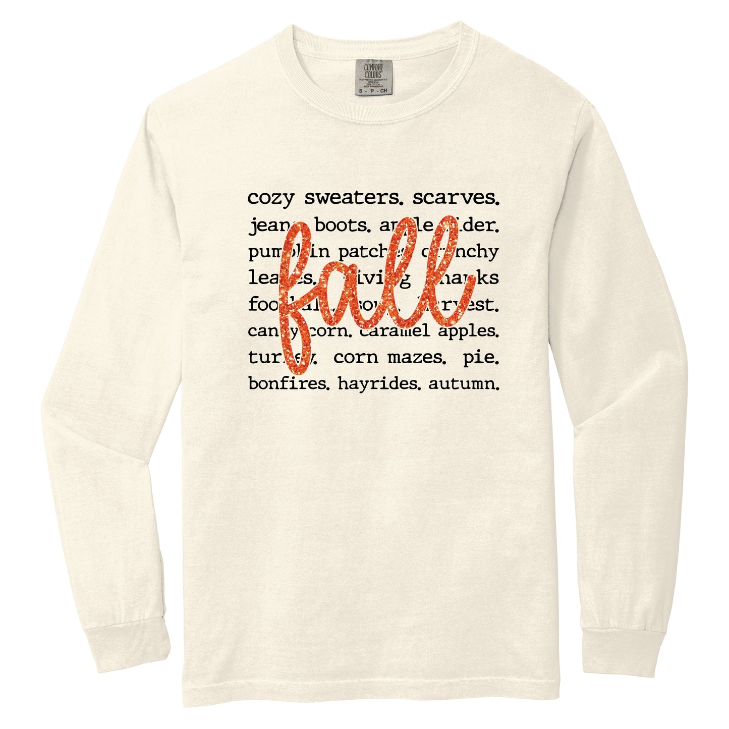 Fall Cursive Text Glitter - Women's Garment Dyed Long Sleeve Graphic T-Shirt