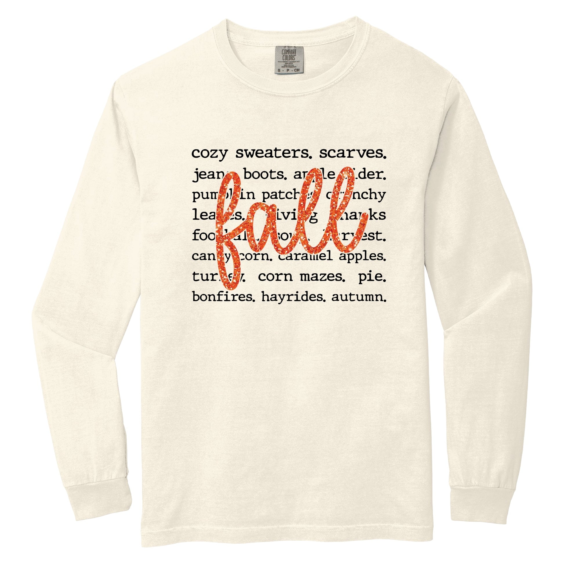 Fall Cursive Text Glitter - Women's Garment Dyed Long Sleeve Graphic T-Shirt