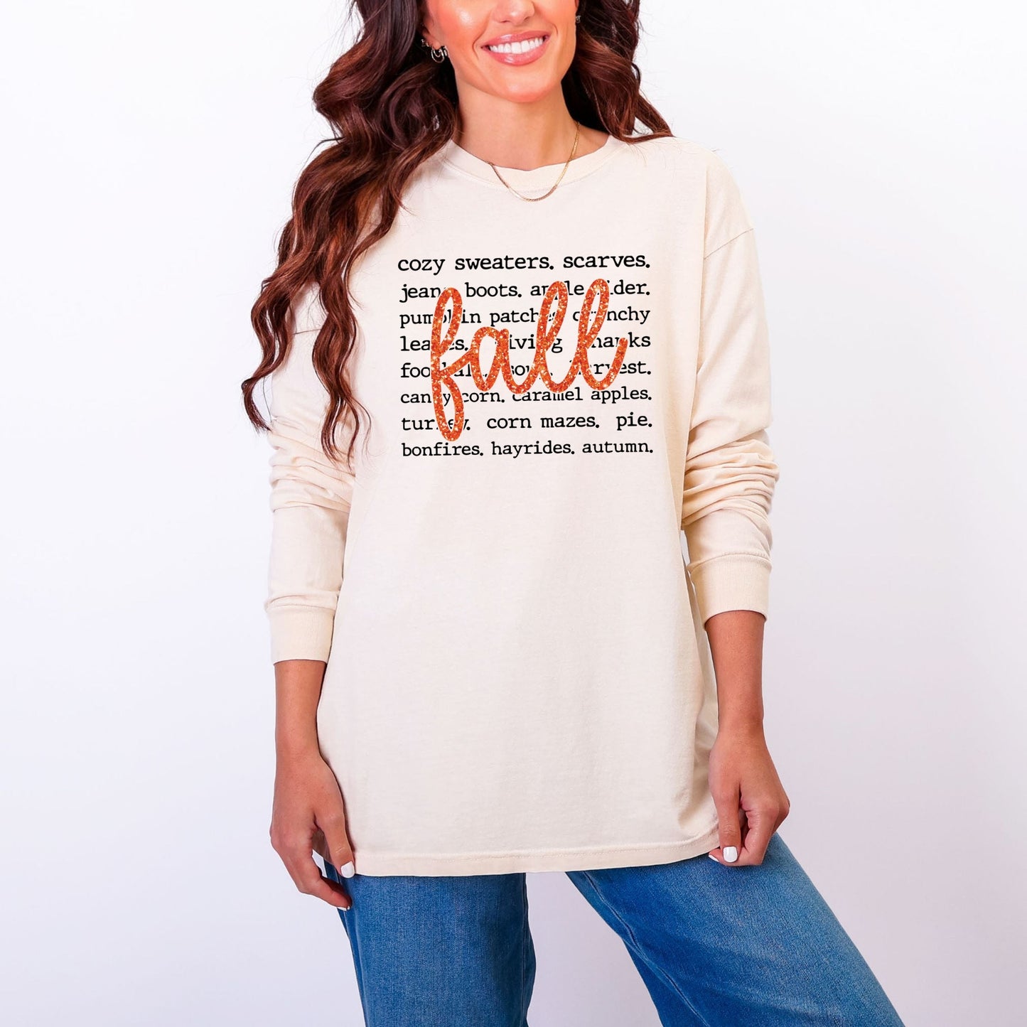 Fall Cursive Text Glitter - Women's Garment Dyed Long Sleeve Graphic T-Shirt