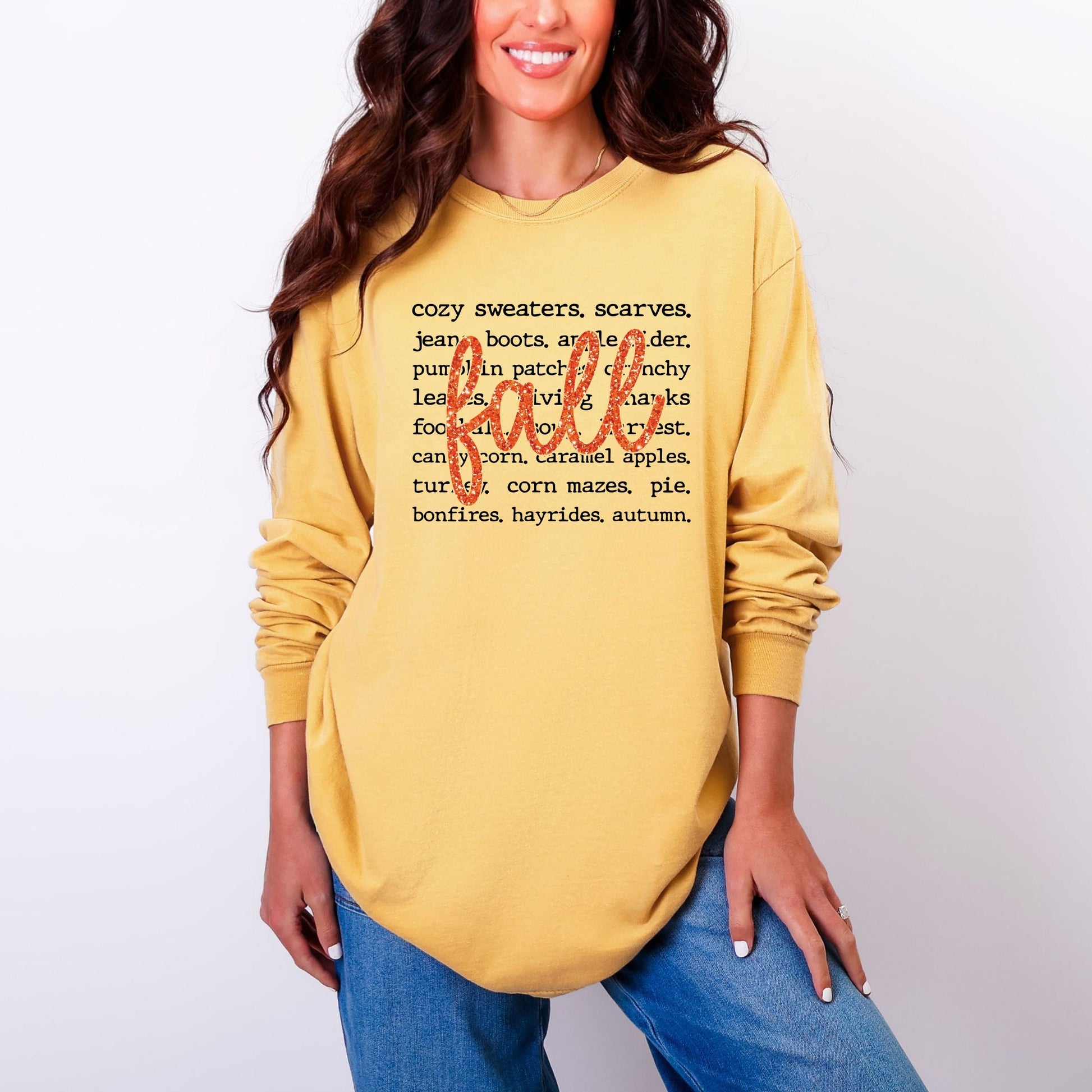 Fall Cursive Text Glitter - Women's Garment Dyed Long Sleeve Graphic T-Shirt