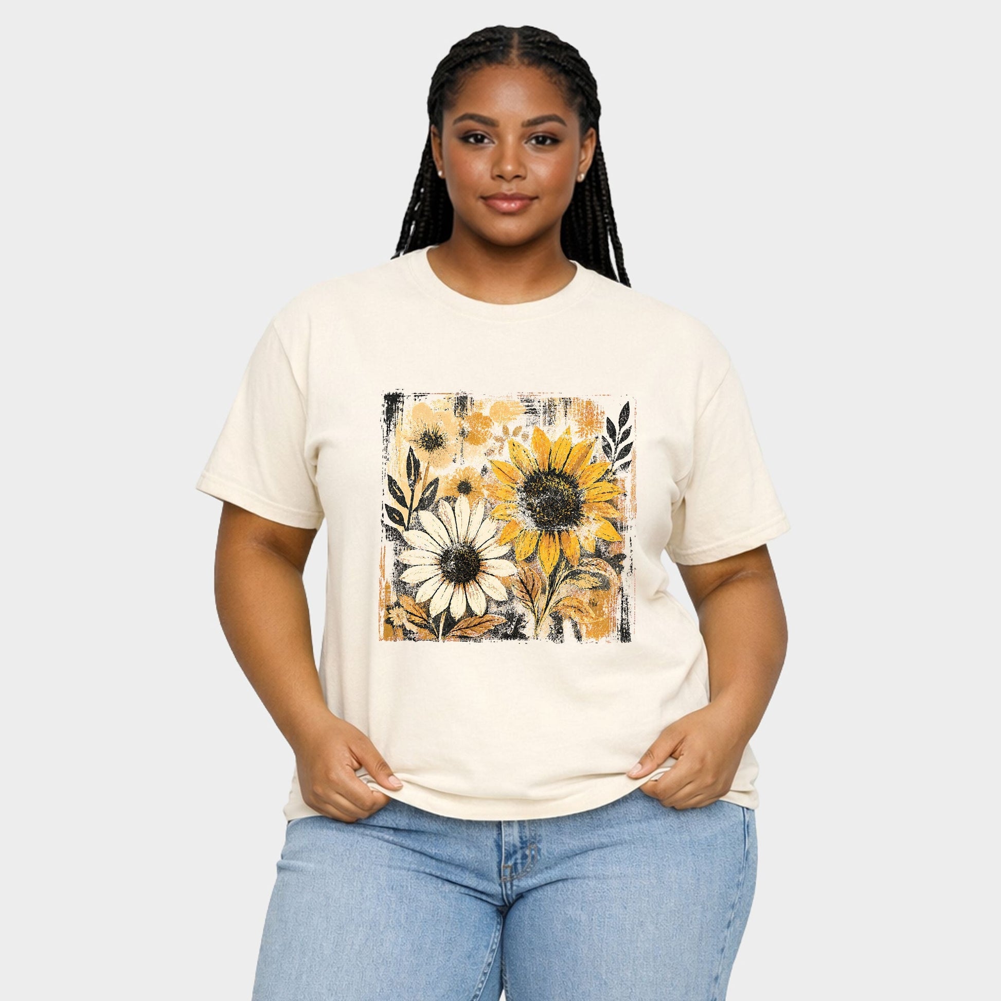 Fall Sunflowers Distressed - Women's Plus Sized Garment Dyed Graphic T-Shirt