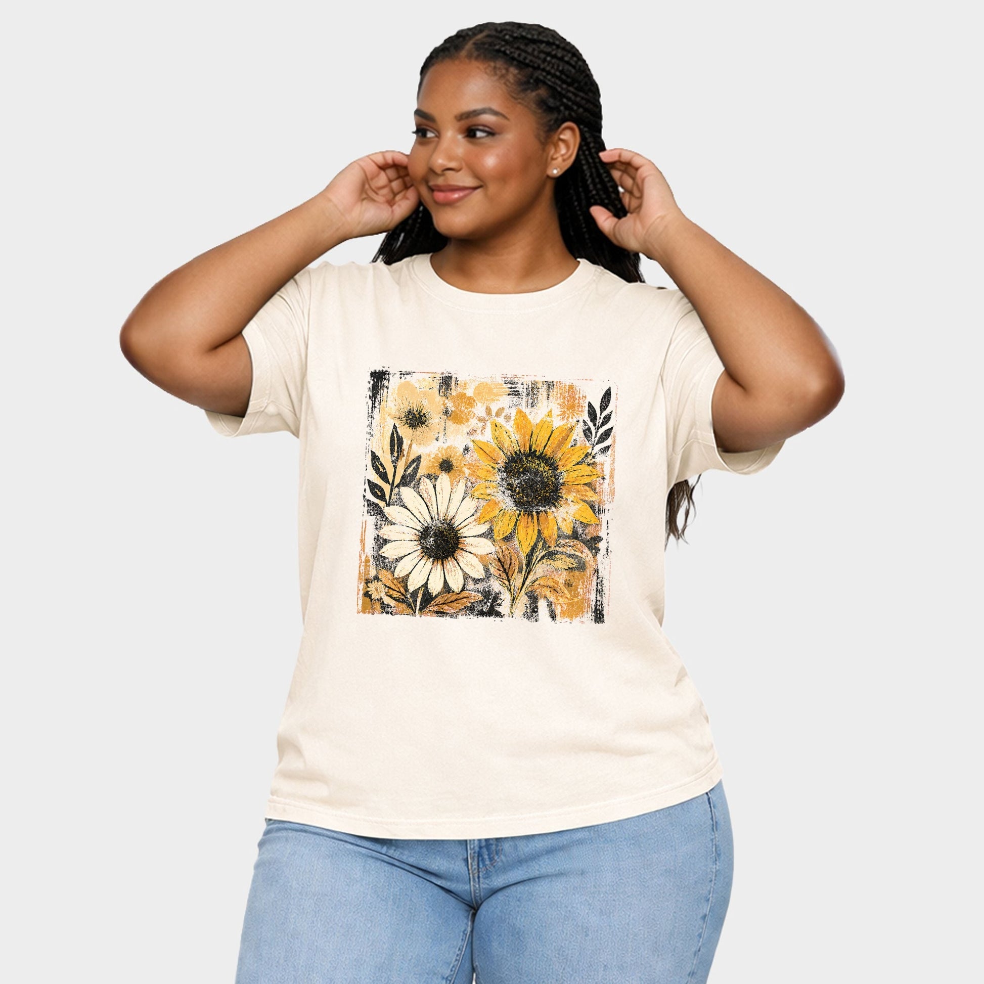 Fall Sunflowers Distressed - Women's Plus Sized Garment Dyed Graphic T-Shirt