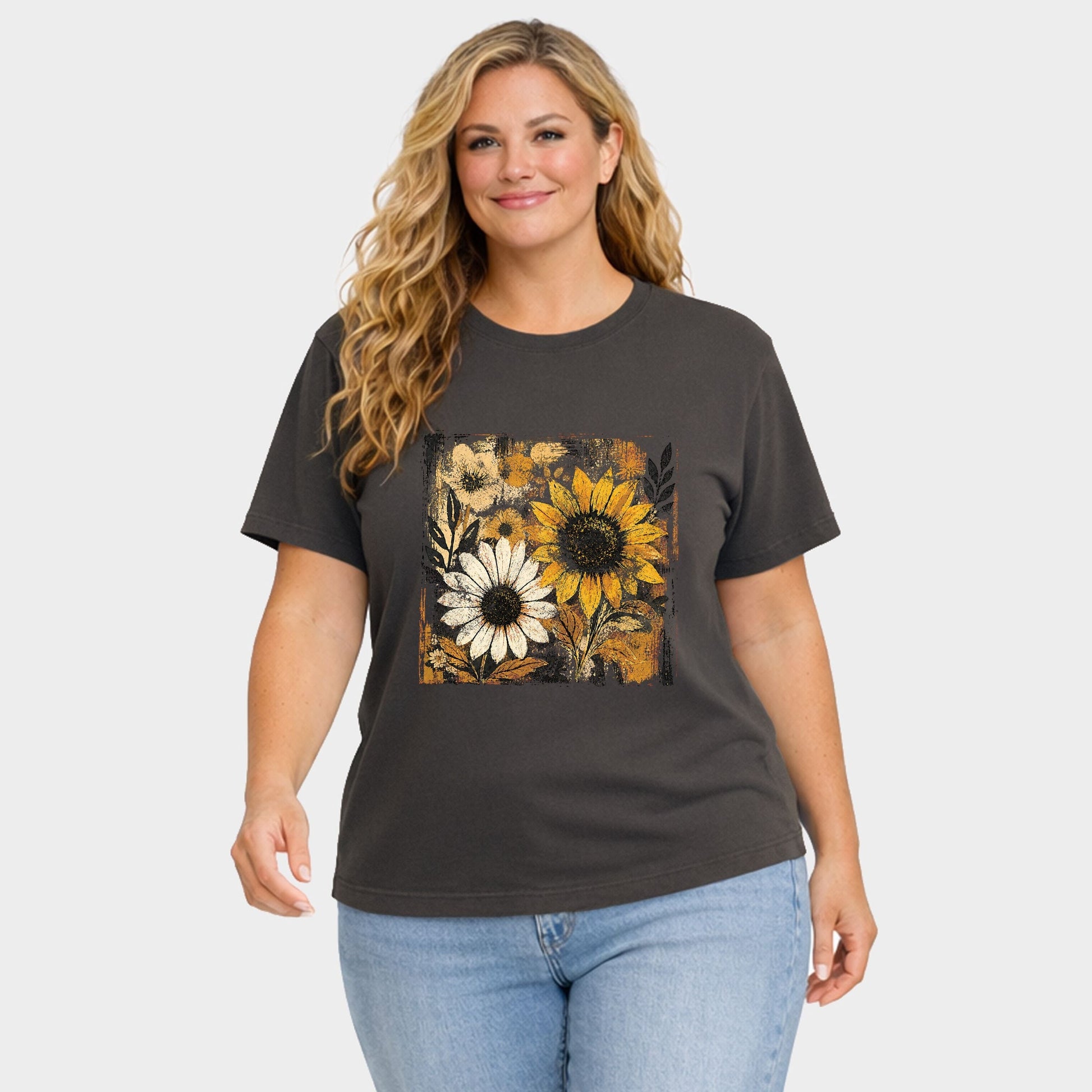 Fall Sunflowers Distressed - Women's Plus Sized Garment Dyed Graphic T-Shirt