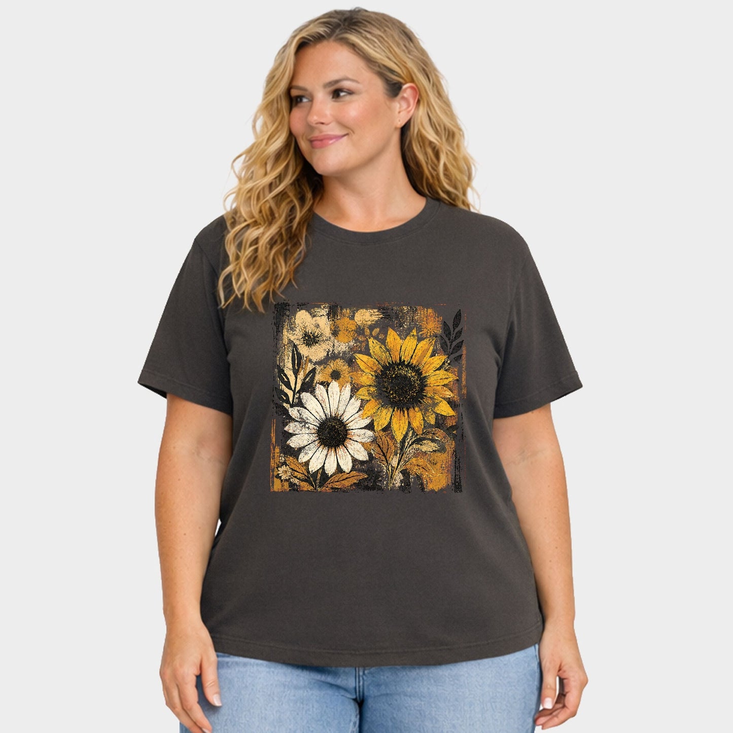 Fall Sunflowers Distressed - Women's Plus Sized Garment Dyed Graphic T-Shirt