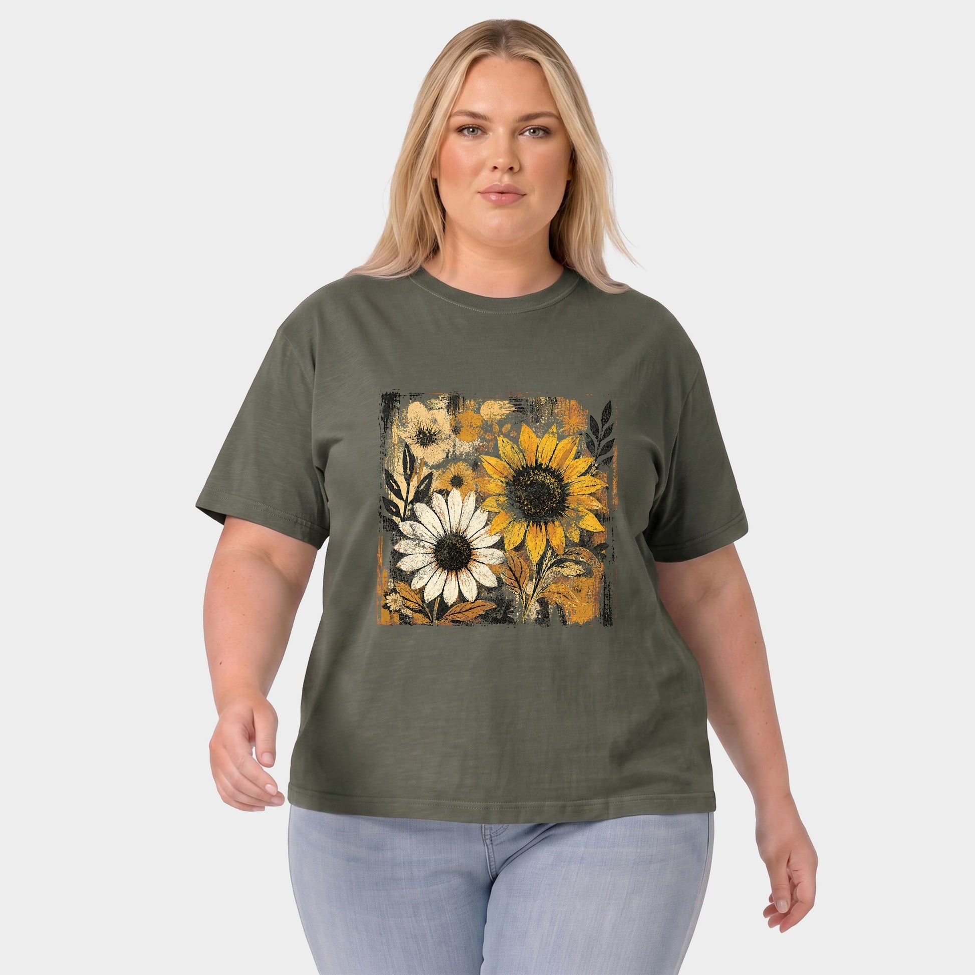 Fall Sunflowers Distressed - Women's Plus Sized Garment Dyed Graphic T-Shirt