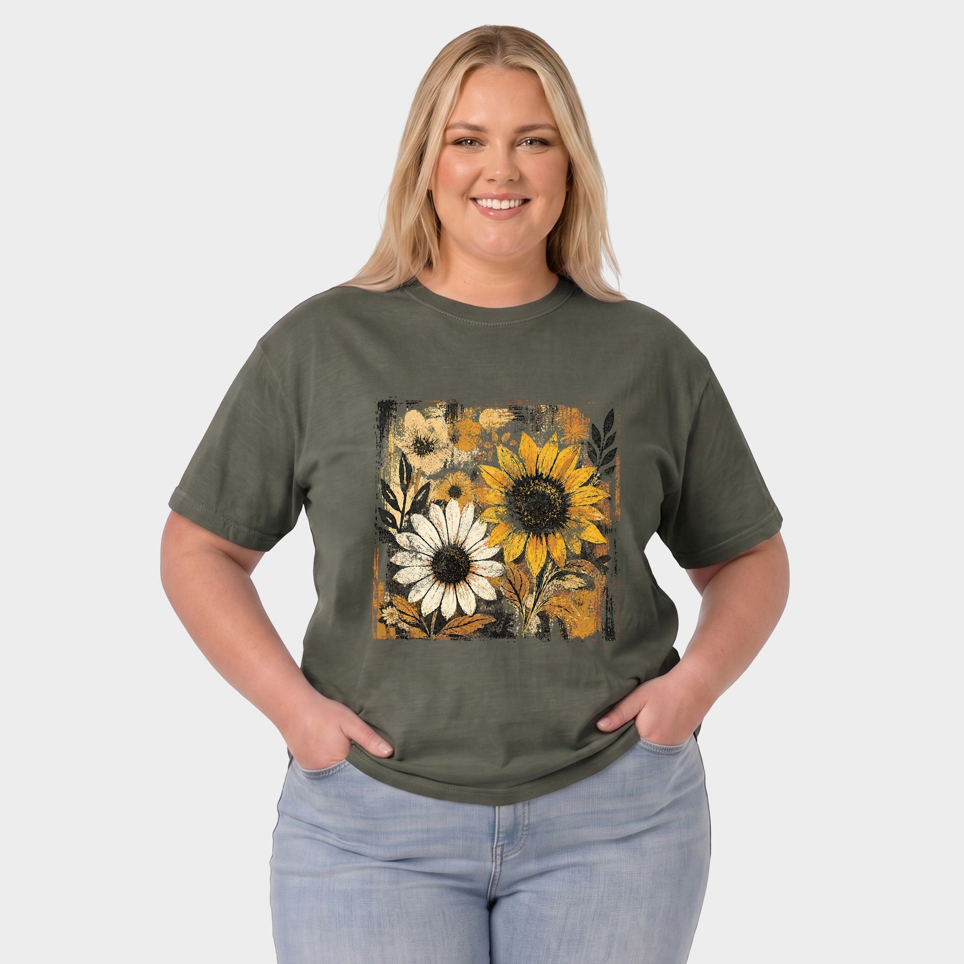 Fall Sunflowers Distressed - Women's Plus Sized Garment Dyed Graphic T-Shirt