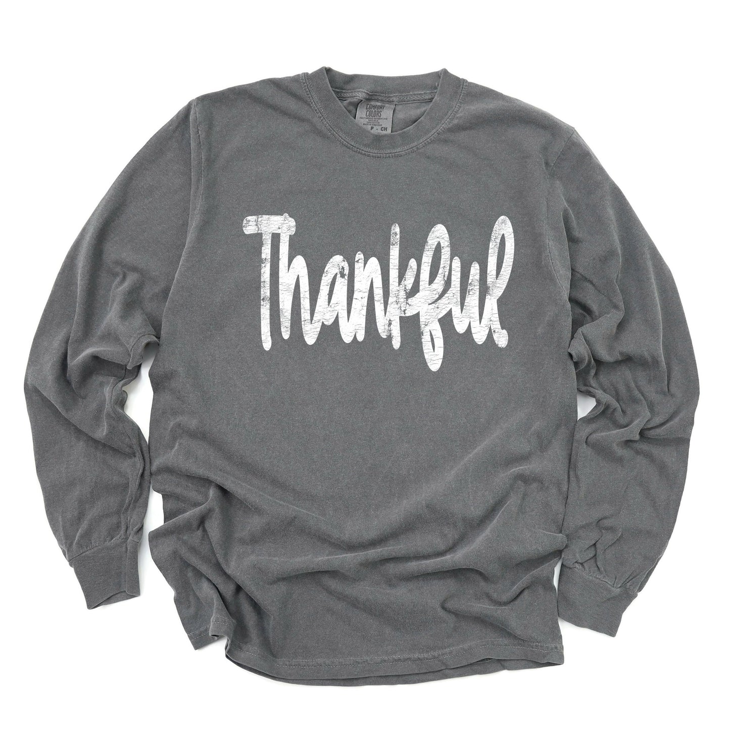 Thankful Cursive Distressed - Women's Garment Dyed Long Sleeve Graphic T-Shirt