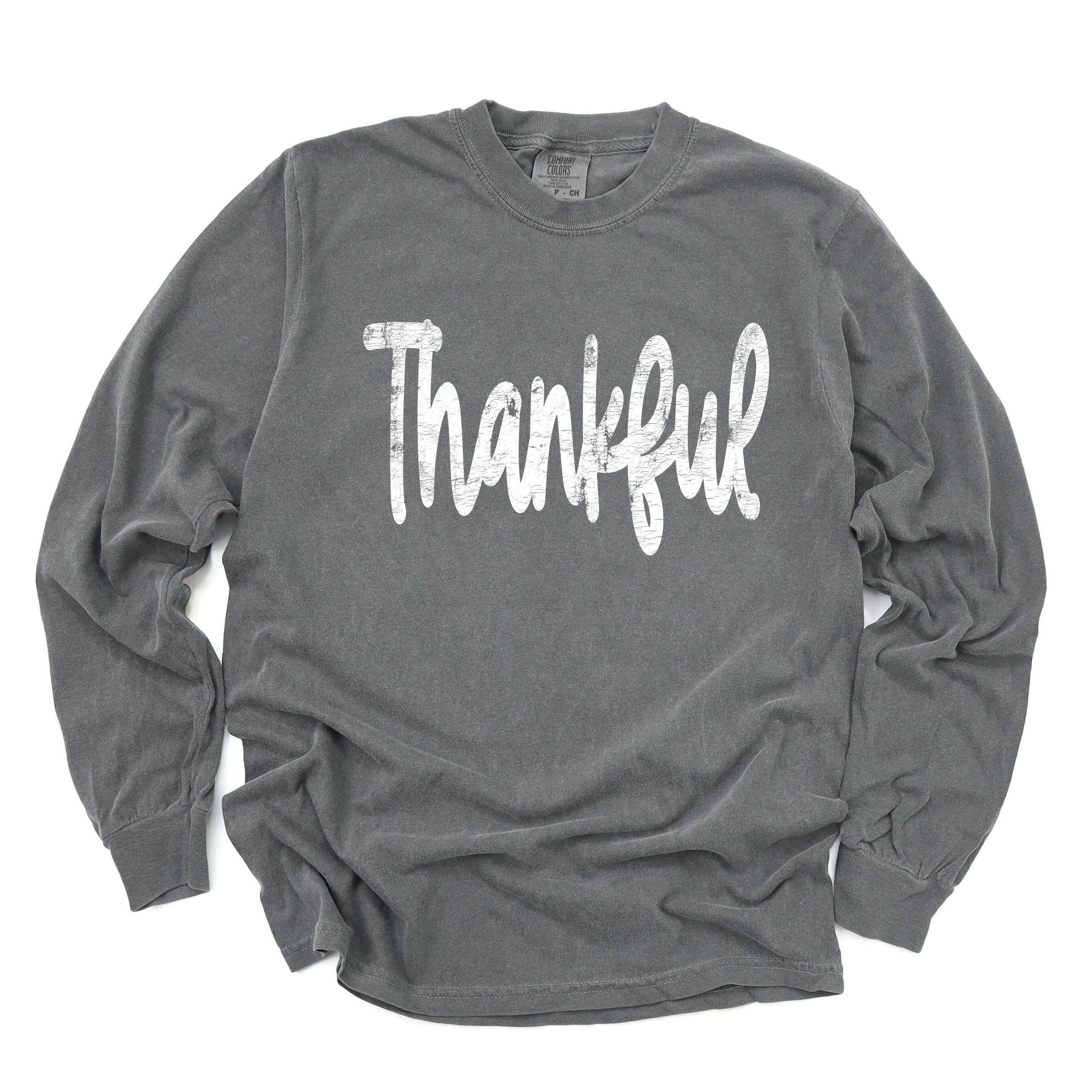 Thankful Cursive Distressed - Women's Garment Dyed Long Sleeve Graphic T-Shirt
