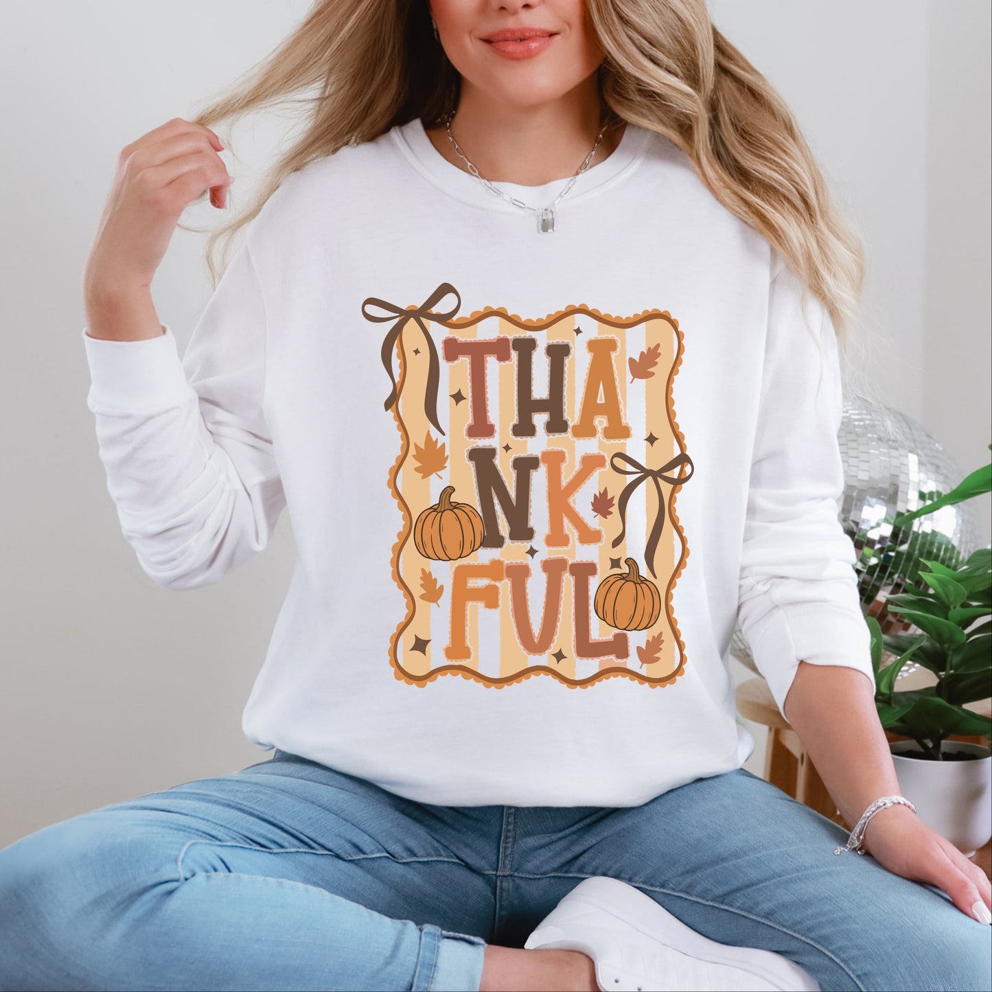 Coquette Thankful Stripes - Women's Garment Dyed Long Sleeve Graphic T-Shirt