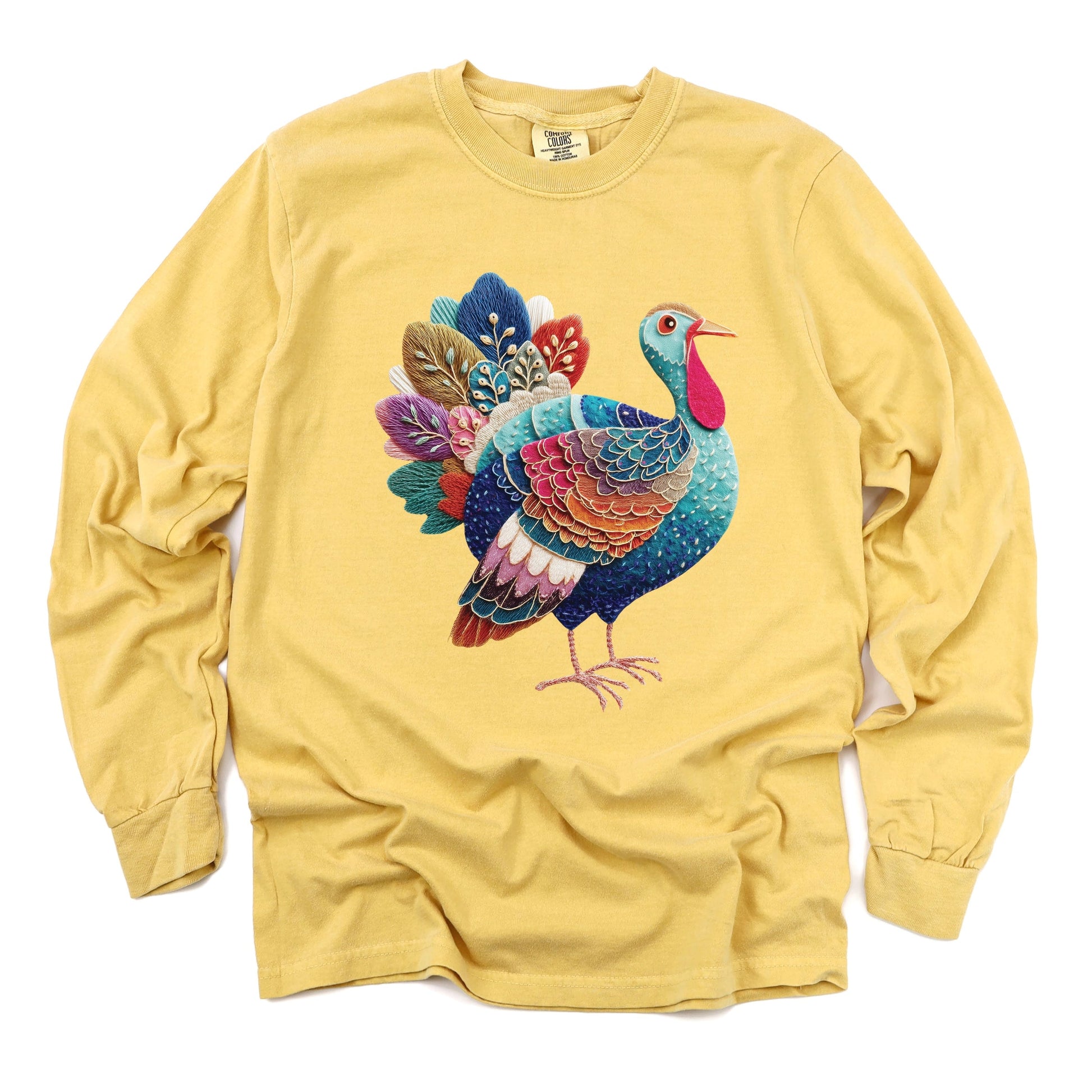 Turkey Patchwork Print - Women's Garment Dyed Long Sleeve Graphic T-Shirt