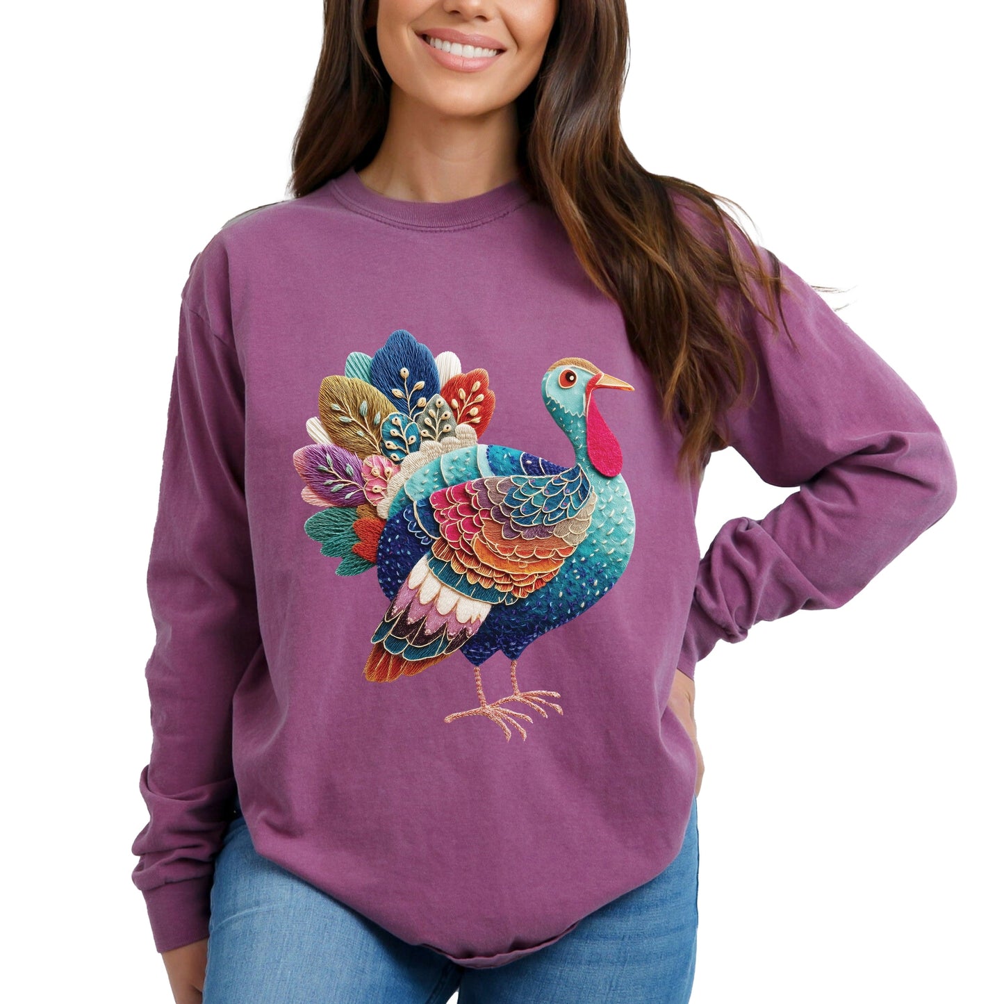Turkey Patchwork Print - Women's Garment Dyed Long Sleeve Graphic T-Shirt