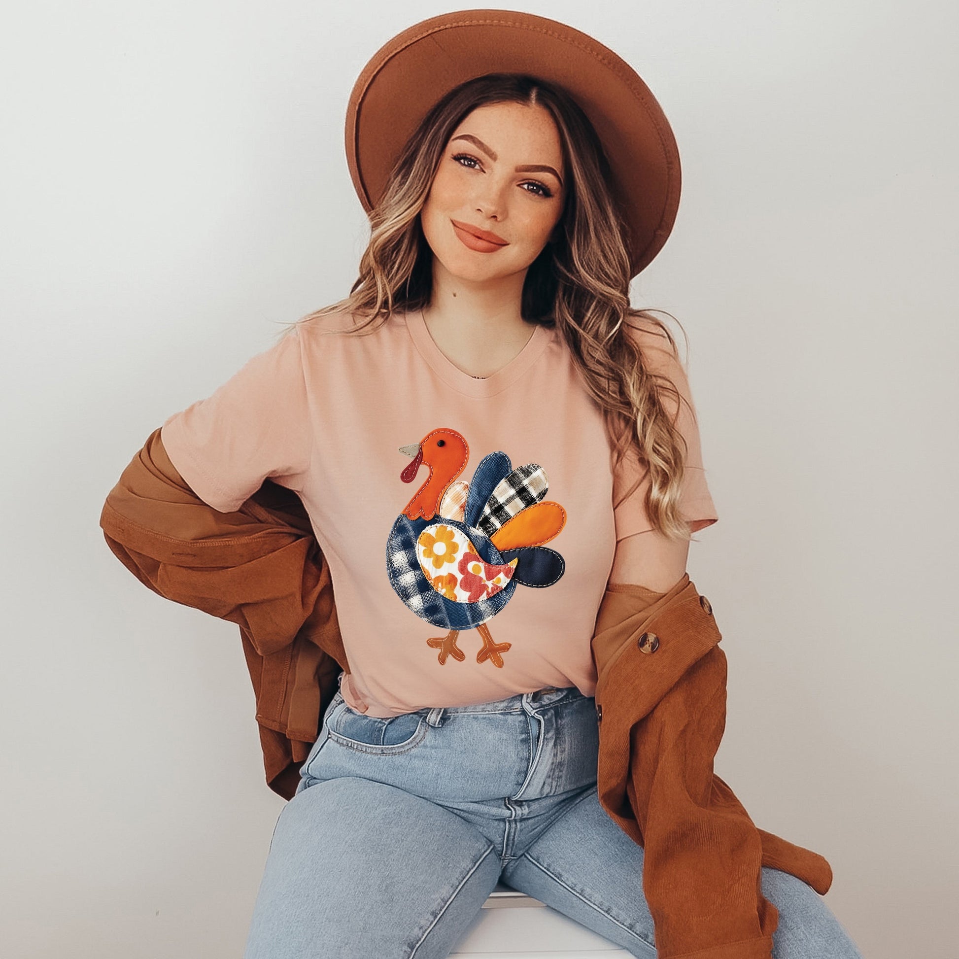 Plaid Turkey Patchwork Print - Women's Short Sleeve Graphic T-Shirt