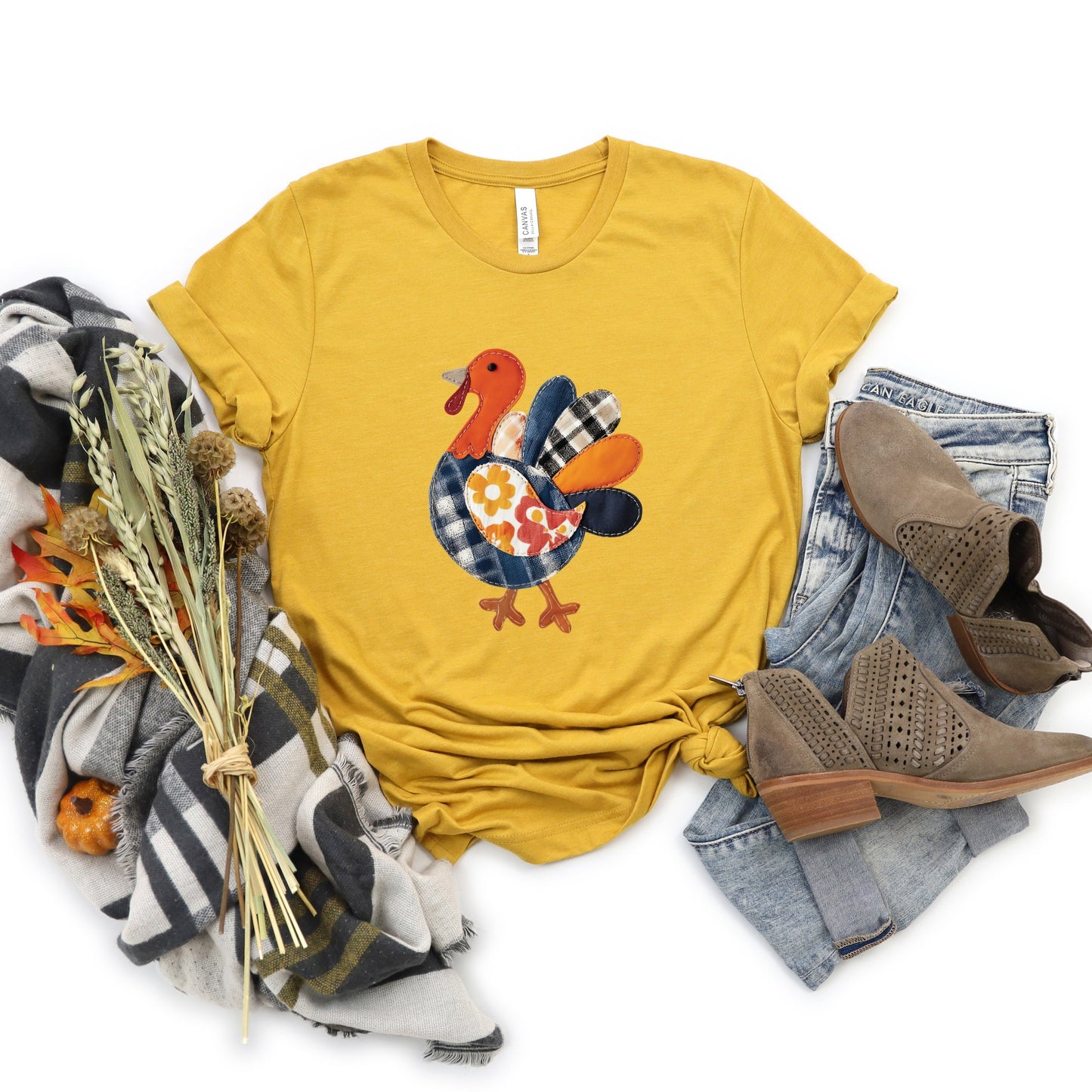 Plaid Turkey Patchwork Print - Women's Short Sleeve Graphic T-Shirt