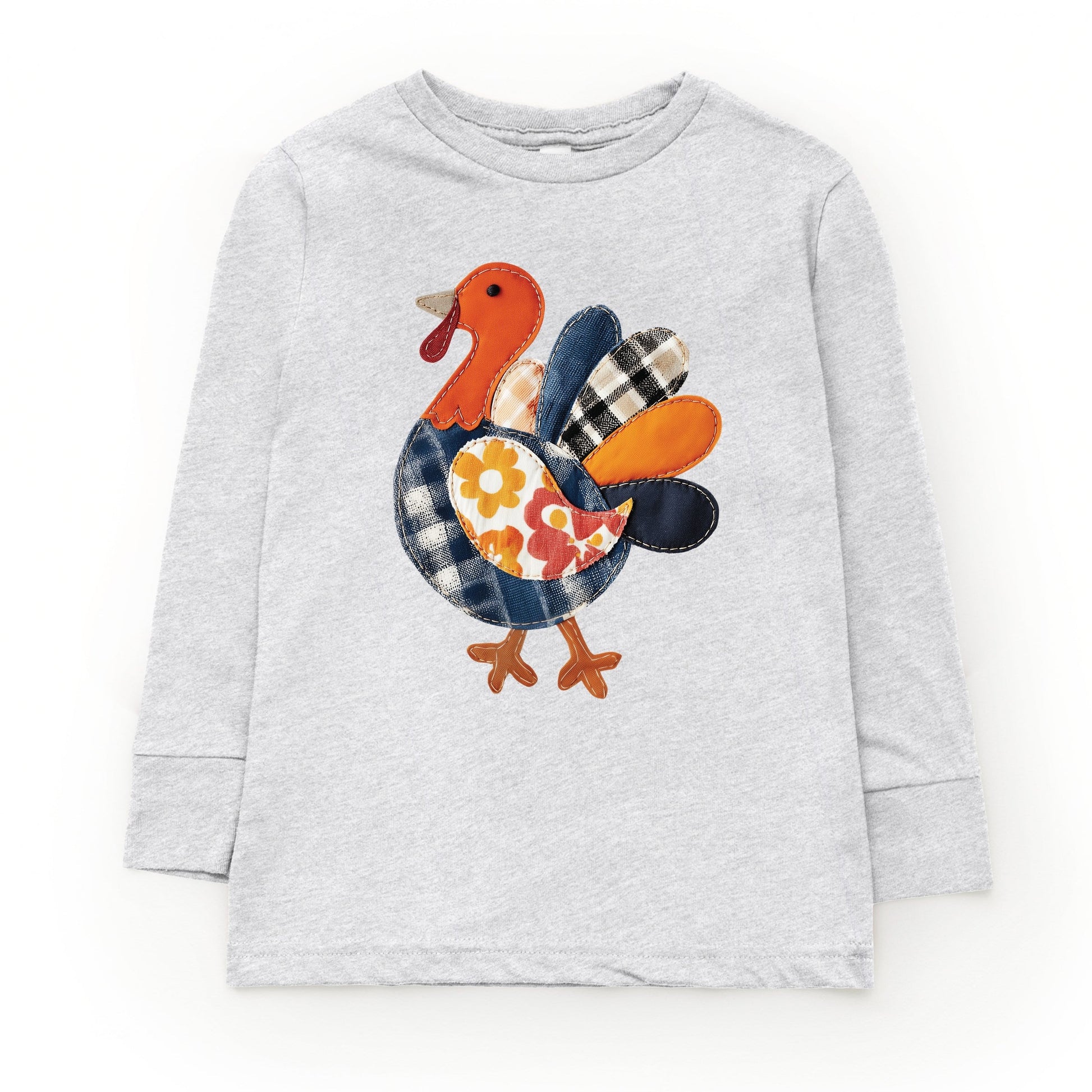 Plaid Turkey Patchwork Print - Youth Long Sleeve Graphic T-Shirt