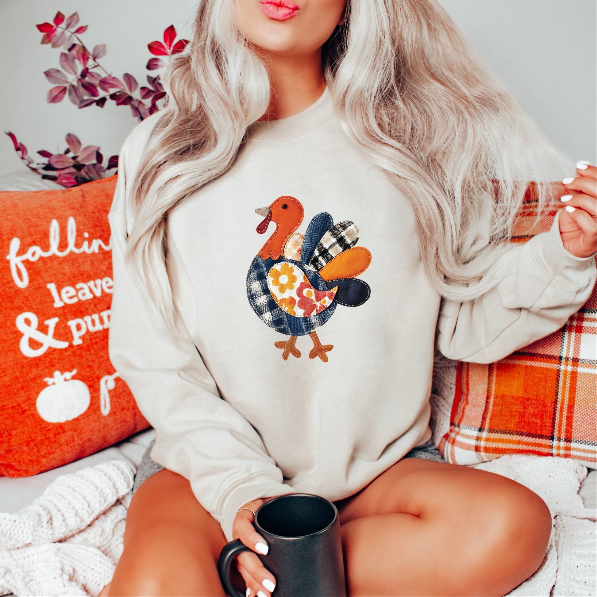 Plaid Turkey Patchwork Print - Women's Graphic Sweatshirt
