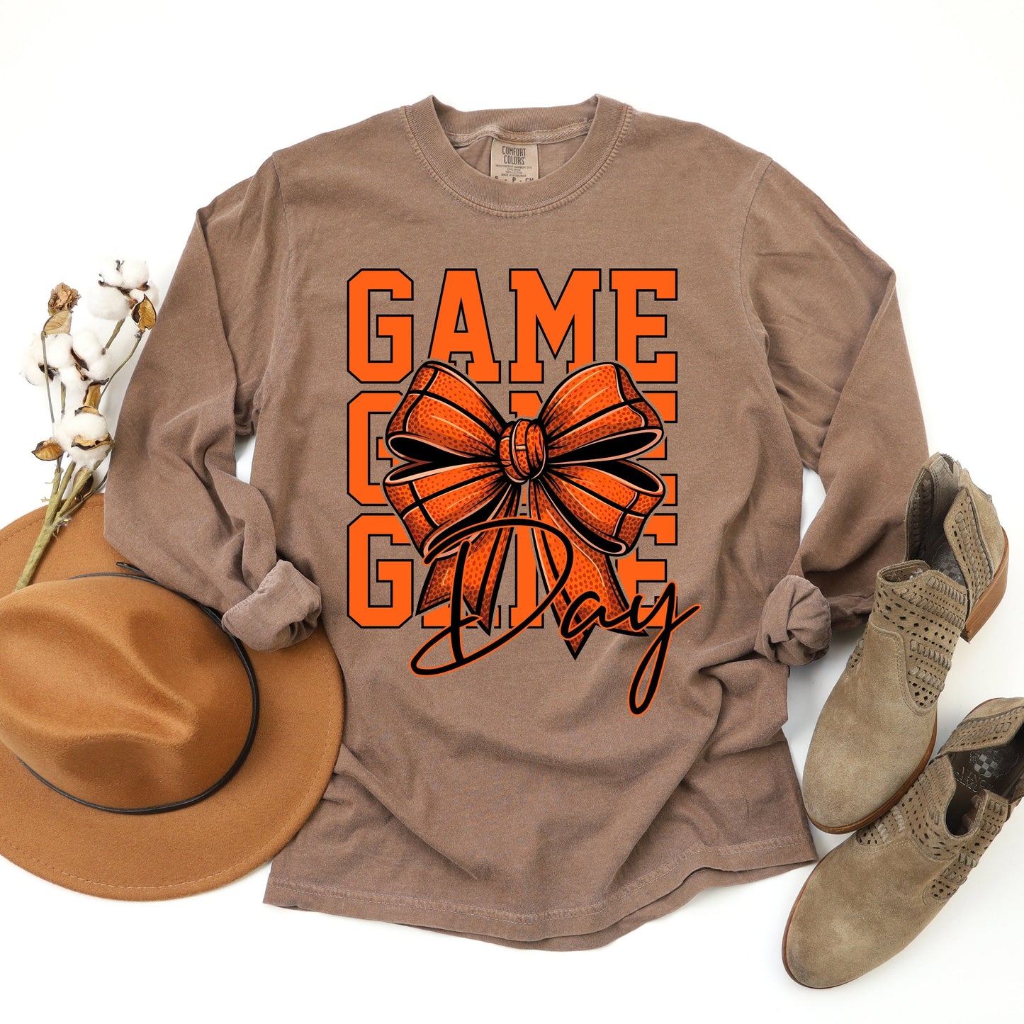 Coquette Basketball Bow Game Day Stacked - Women's Garment Dyed Long Sleeve Graphic T-Shirt