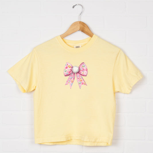 Easter Egg Bow Coquette - Women's Boxy Crop Top Graphic T-Shirt