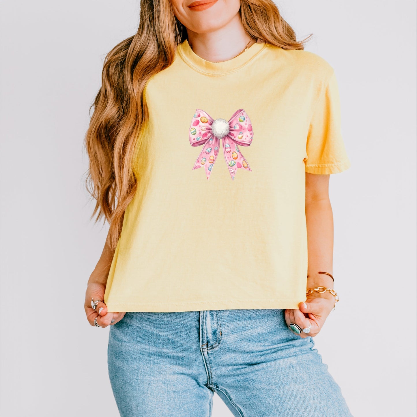 Easter Egg Bow Coquette - Women's Boxy Crop Top Graphic T-Shirt