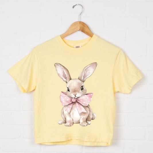 Bunny Watercolor With Bow - Women's Boxy Crop Top Graphic T-Shirt