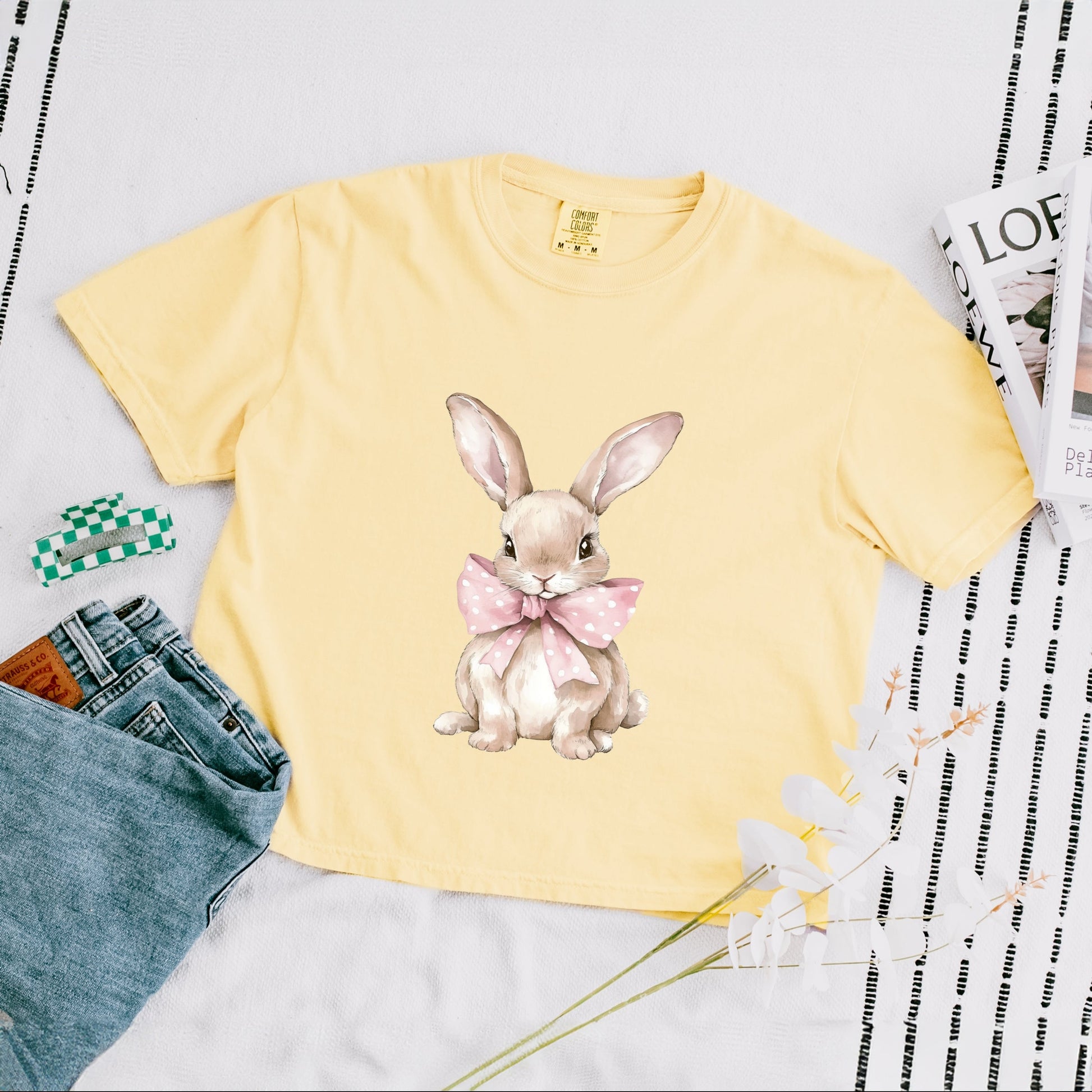 Bunny Watercolor With Bow - Women's Boxy Crop Top Graphic T-Shirt