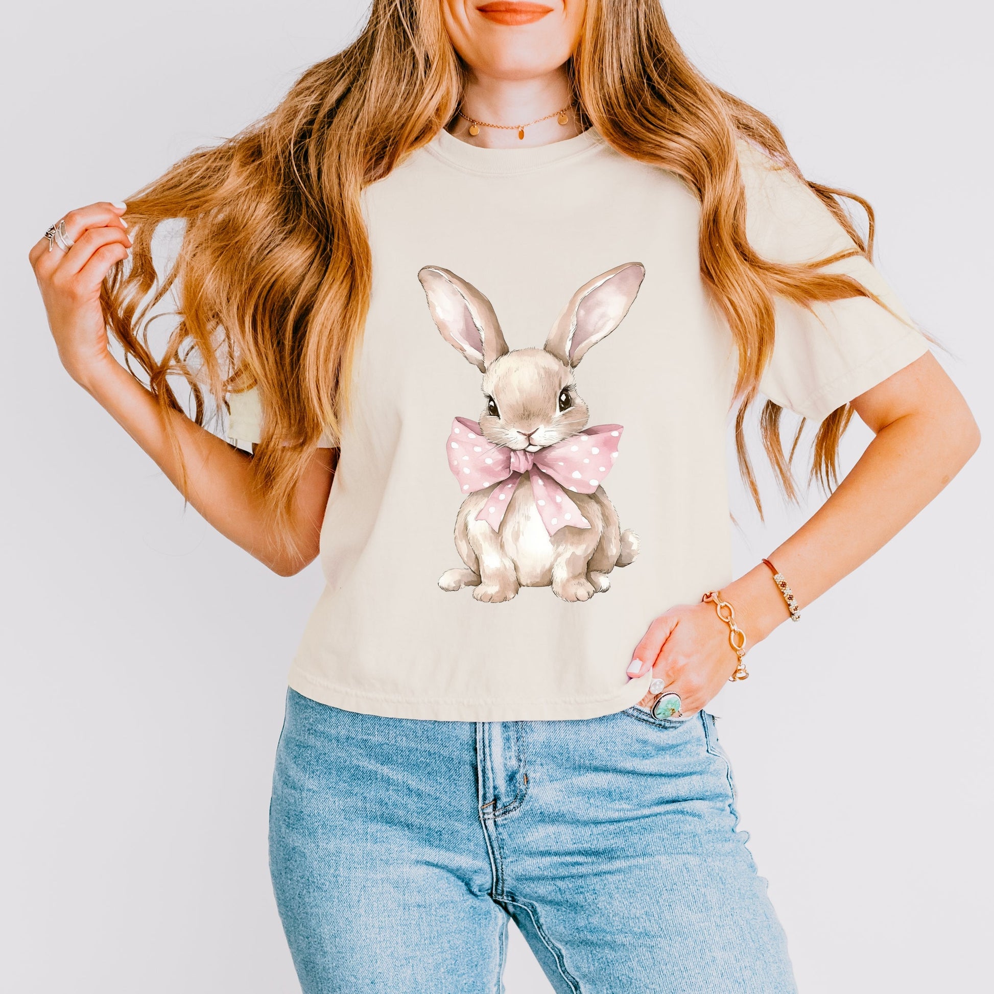 Bunny Watercolor With Bow - Women's Boxy Crop Top Graphic T-Shirt