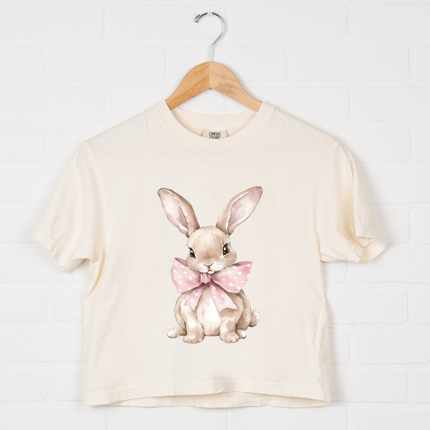 Bunny Watercolor With Bow - Women's Boxy Crop Top Graphic T-Shirt