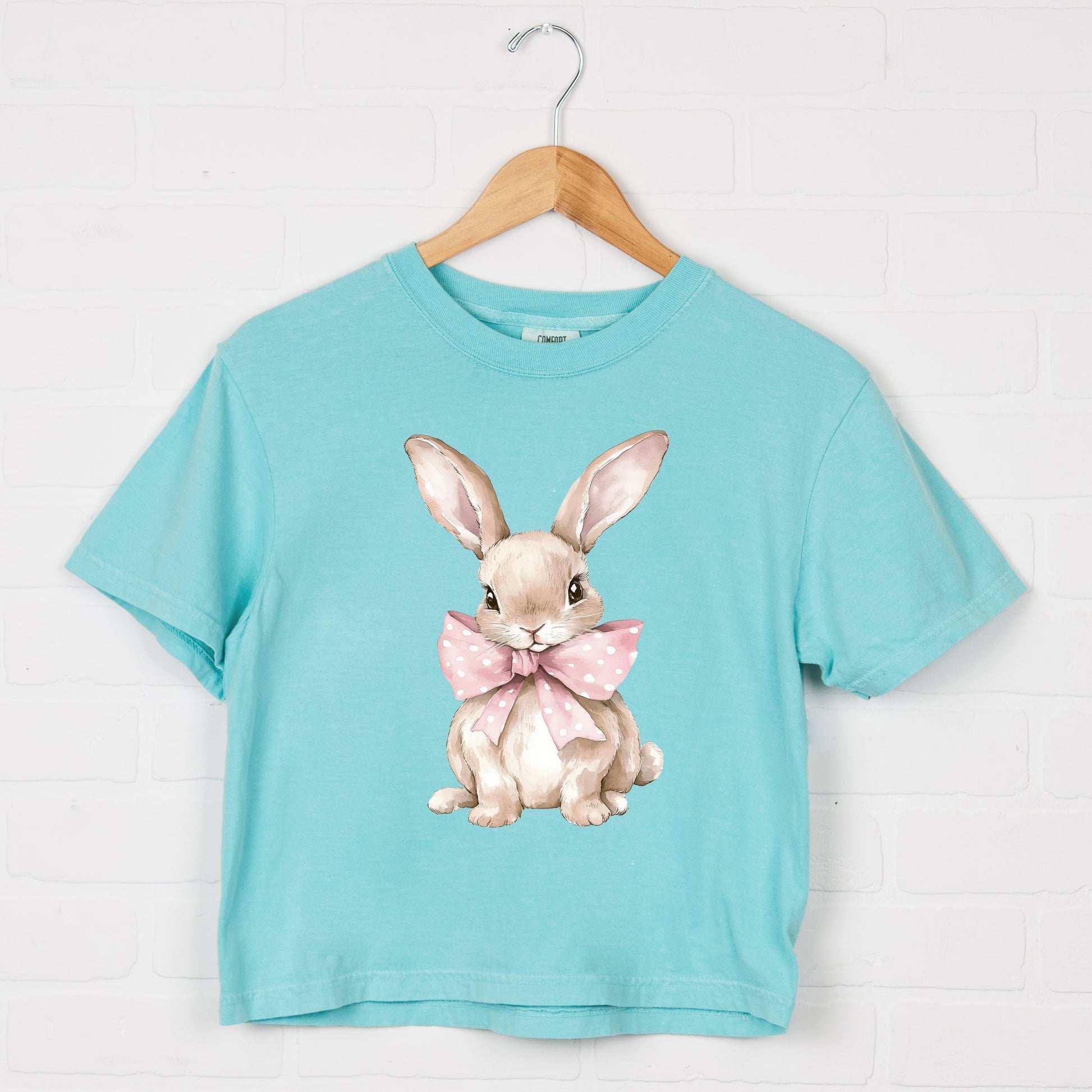 Bunny Watercolor With Bow - Women's Boxy Crop Top Graphic T-Shirt