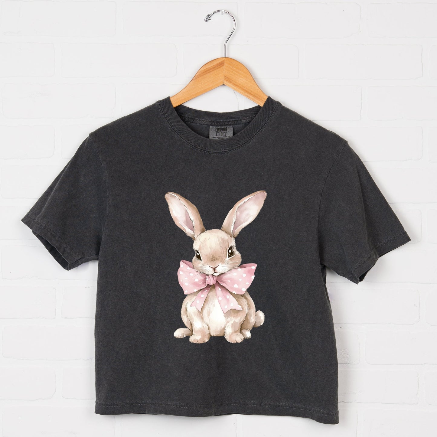 Bunny Watercolor With Bow - Women's Boxy Crop Top Graphic T-Shirt
