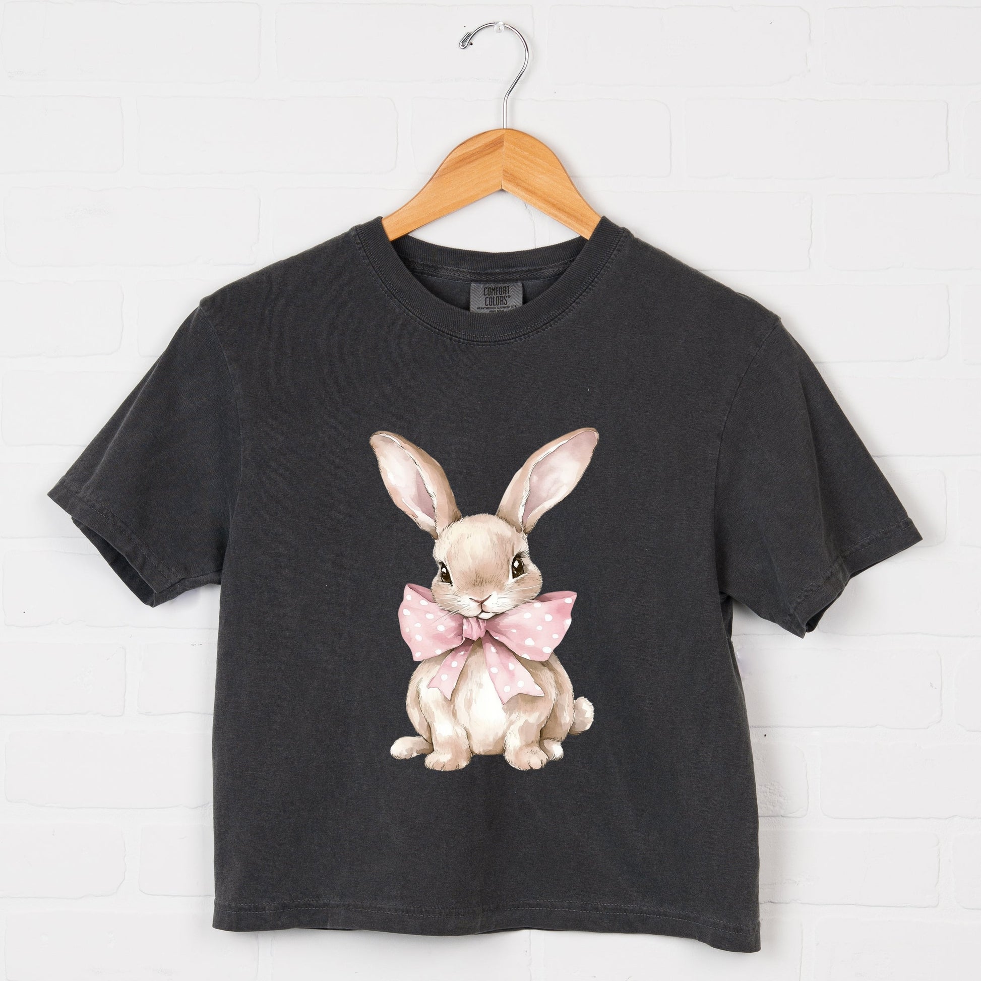 Bunny Watercolor With Bow - Women's Boxy Crop Top Graphic T-Shirt