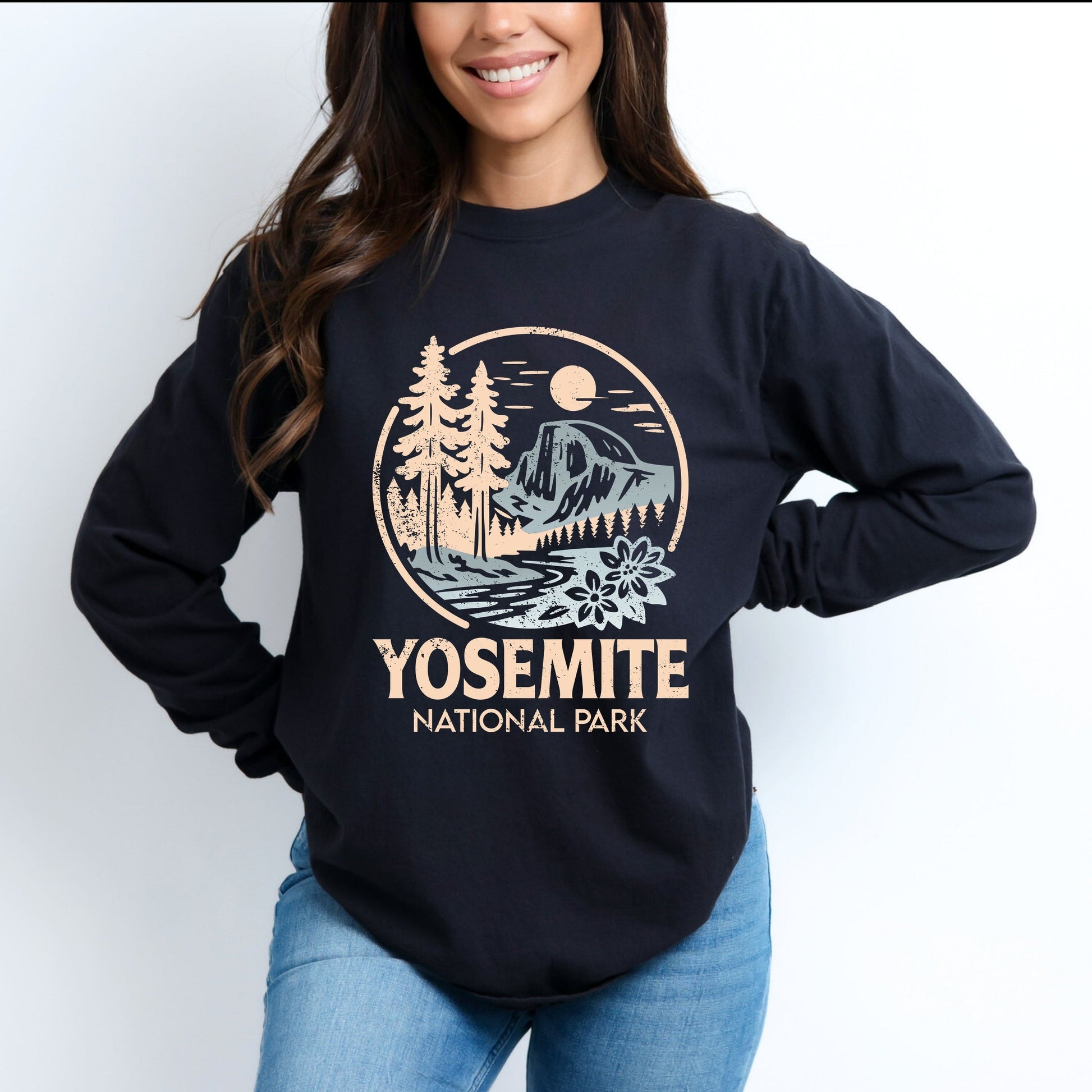 Yosemite National Park Two-Toned Circle - Women's Garment Dyed Long Sleeve Graphic T-Shirt