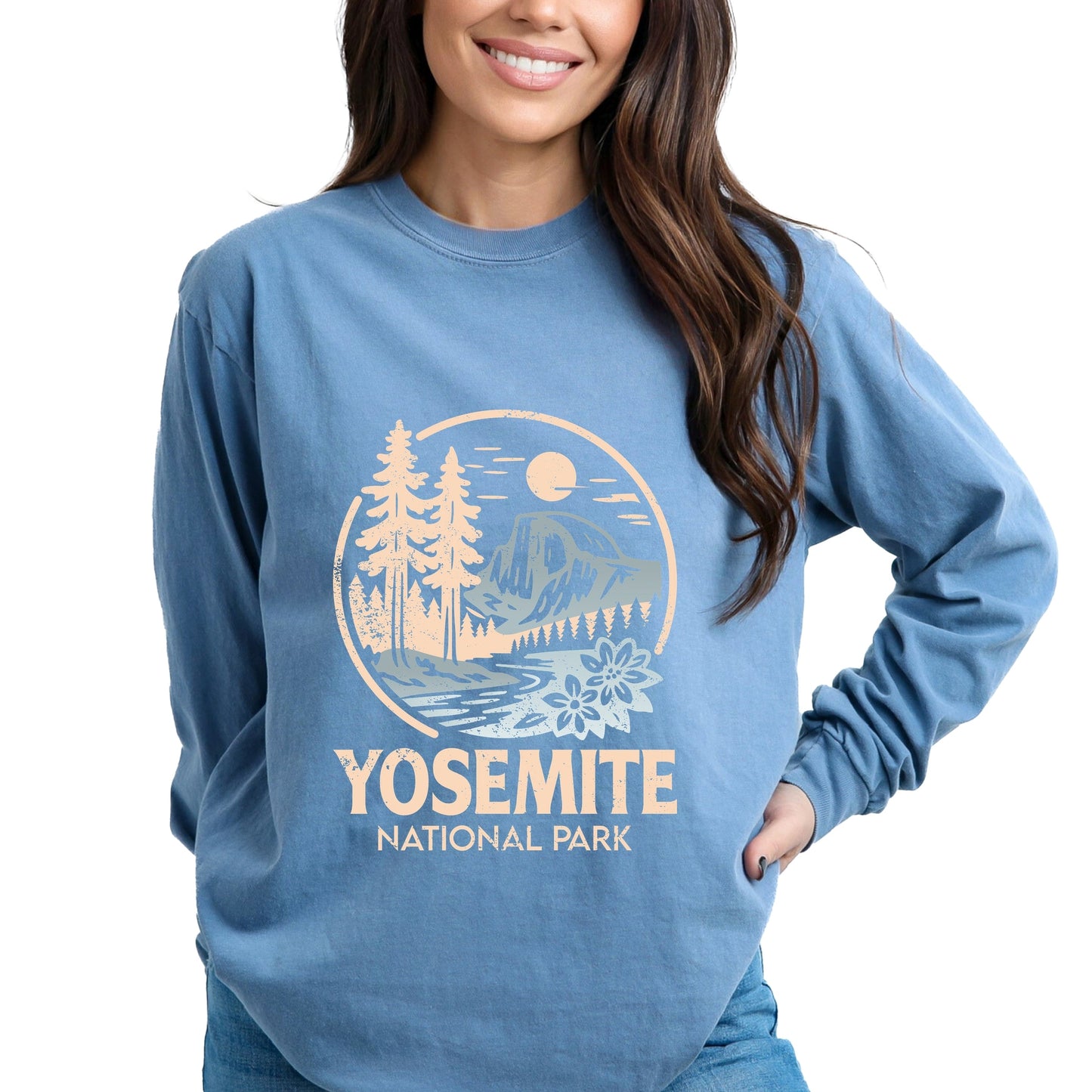 Yosemite National Park Two-Toned Circle - Women's Garment Dyed Long Sleeve Graphic T-Shirt