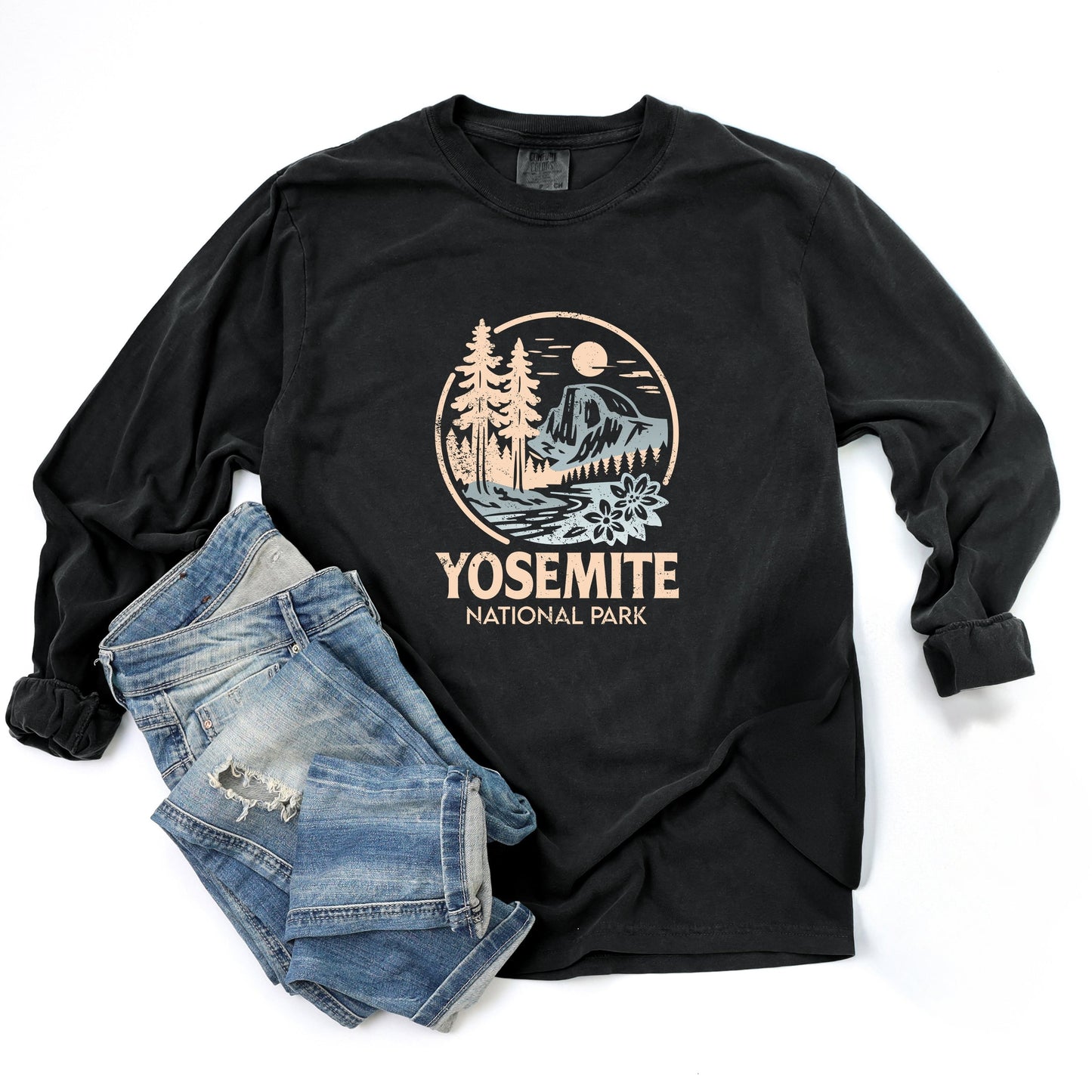Yosemite National Park Two-Toned Circle - Women's Garment Dyed Long Sleeve Graphic T-Shirt