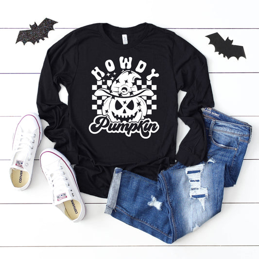 Howdy Pumpkin Checkered | Long Sleeve Crew Neck