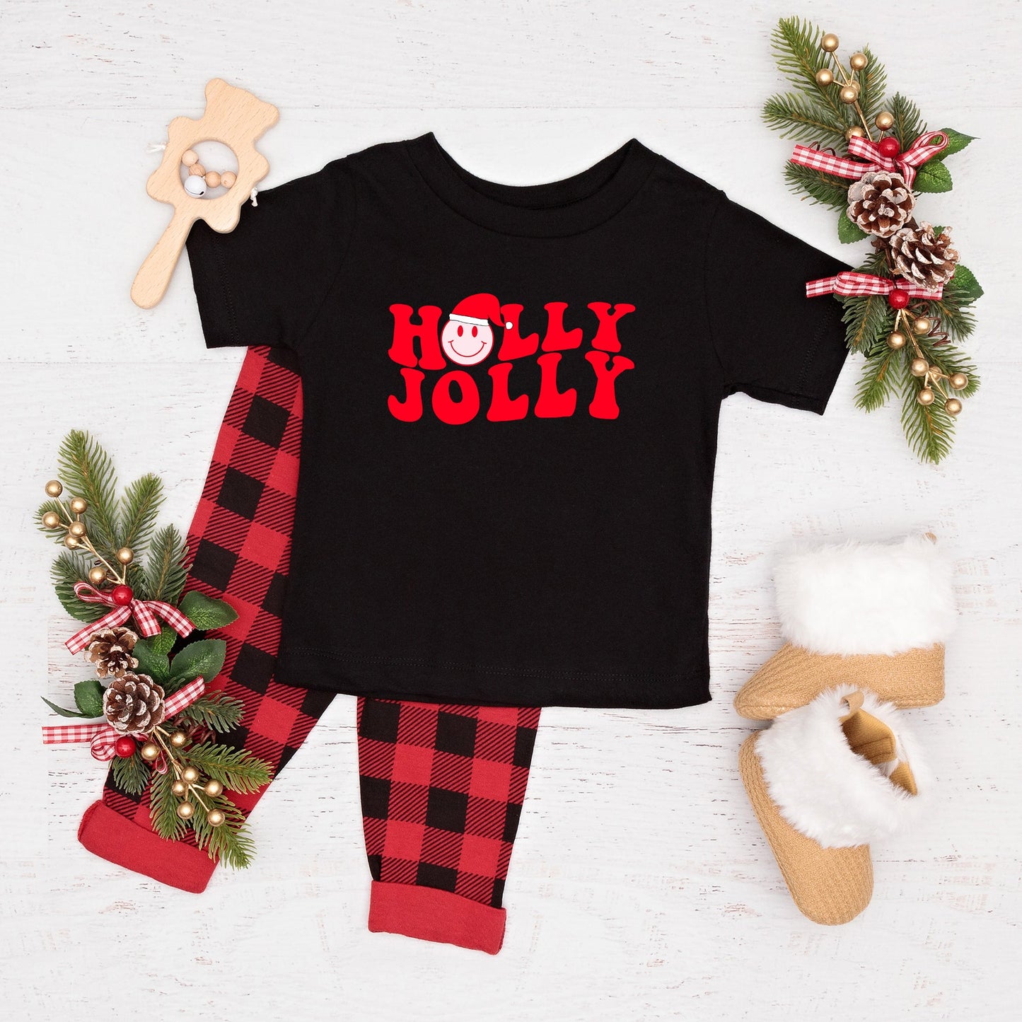 Holly Jolly Smiley Face | Toddler Short Sleeve Crew Neck