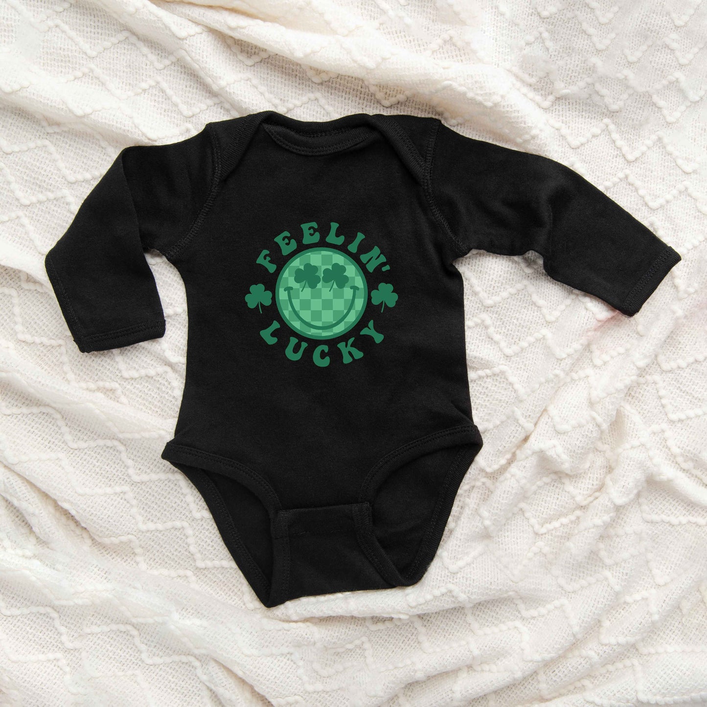Feelin Lucky Checkered Smiley Face | Baby Long Sleeve Onesie