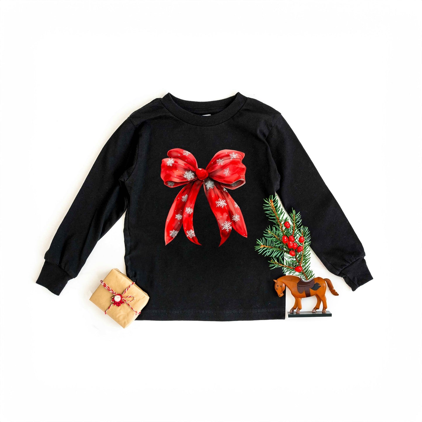 Coquette Christmas Snowflake Bow | Youth Graphic Long Sleeve Tee