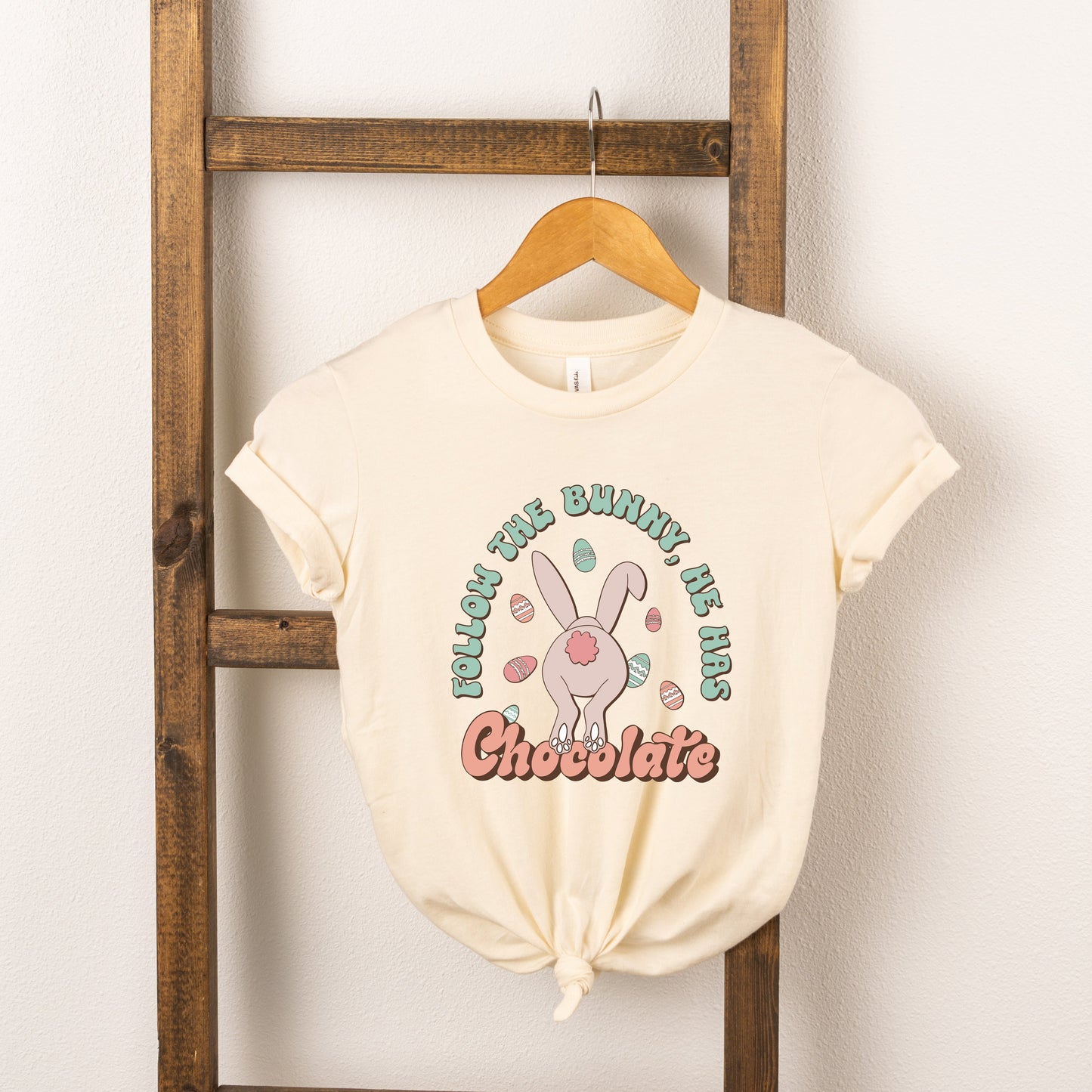 Follow The Bunny He Has Chocolate | Toddler Short Sleeve Crew Neck