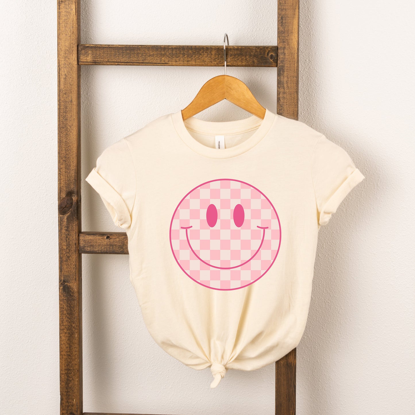 Pink Checker Smiley Face | Toddler Short Sleeve Crew Neck