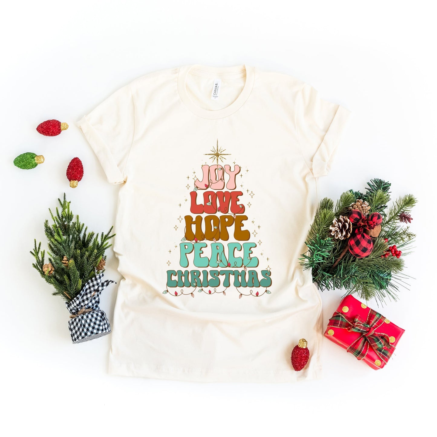 Joy Love Hope Peace Christmas Tree | Short Sleeve Crew Neck